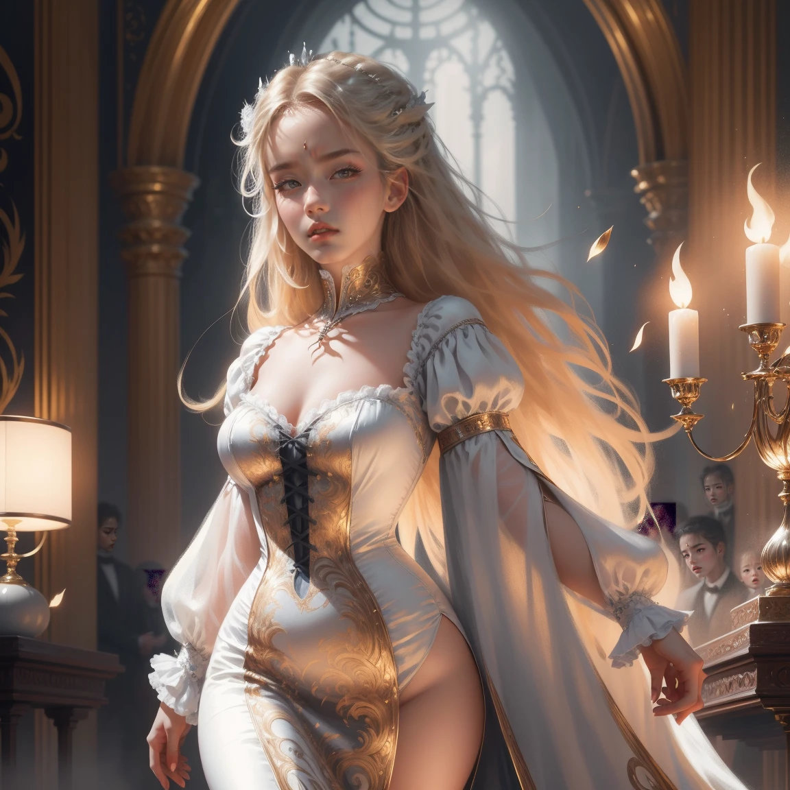 { -  error}(Masterpiece - Ultra-detailed, very high resolution) Prepare to be enchanted by a true masterpiece that combines ultra-detailed art with high-resolution rendering. This work depicts a mesmerizing woman with very long blond hair (1.3) and captivating gray eyes (1.2), emanating an aura of elegance and mystery in Victorian settings. The intricate details and realistic textures invite you to explore every aspect of this enchanting composition. Woman wearing beautiful classic Victorian costume from the year 1878. Red lips. Happy face. Smiling. white (white) dress. Laying on the bed, backwards, looking back, dynamic poses. Get ready to dive into a world where beauty and craftsmanship merge perfectly.