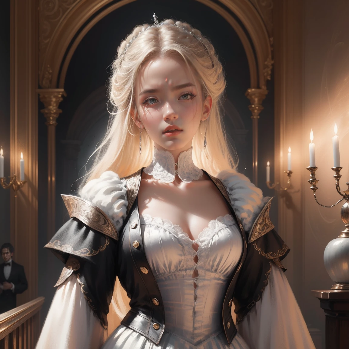 { - anatomy error}(Masterpiece - Ultra-detailed, very high resolution) Prepare to be enchanted by a true masterpiece that combines ultra-detailed art with high-resolution rendering. This work depicts a mesmerizing woman with very long blond hair (1.3) and captivating gray eyes (1.2), emanating an aura of elegance and mystery in Victorian settings. The intricate details and realistic textures invite you to explore every aspect of this enchanting composition. Woman wearing beautiful classic Victorian costume from the year 1878. Red lips. Happy face. Smiling. white (white) dress. Walking, backwards, looking back, dynamic poses. Get ready to dive into a world where beauty and craftsmanship merge perfectly.