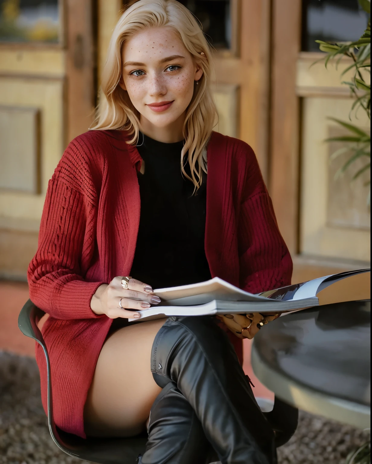 mulher, americana, 25 anos, pale skin and freckles, olhos cinzas, nariz delicado, soft and delicate lips, Cabelo blondie cinza longo e ondulados, sorriso meigo