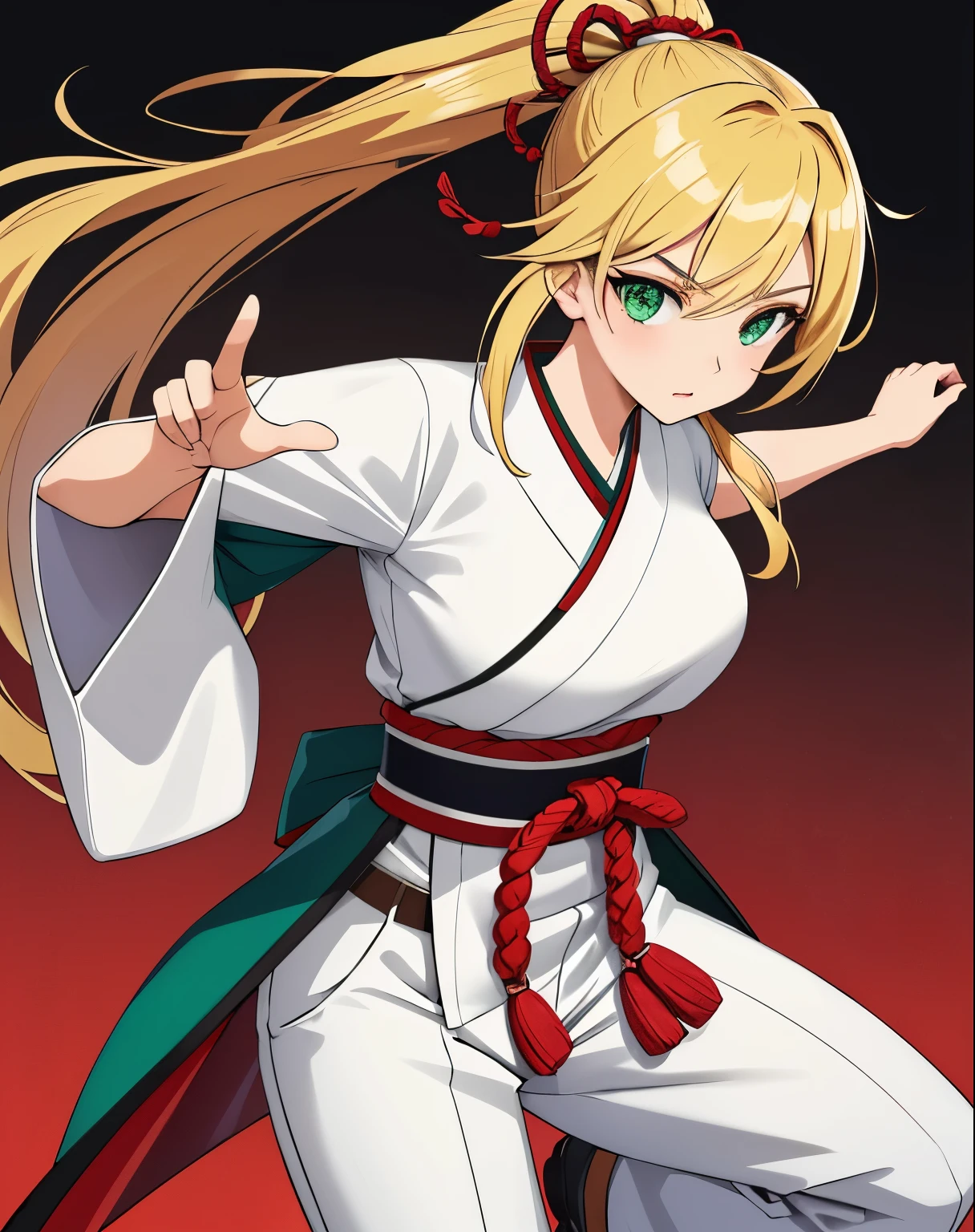 Masterpiece, Best Quality, Ultra-Detailed, 1girl, adult, solo, blonde hair, long hair, ponytail, green eyes, bandages on chest, Traditional Japanese Clothing, traditional japanese pants, fight pose, neutral expression, looking at the viewer, half body shot