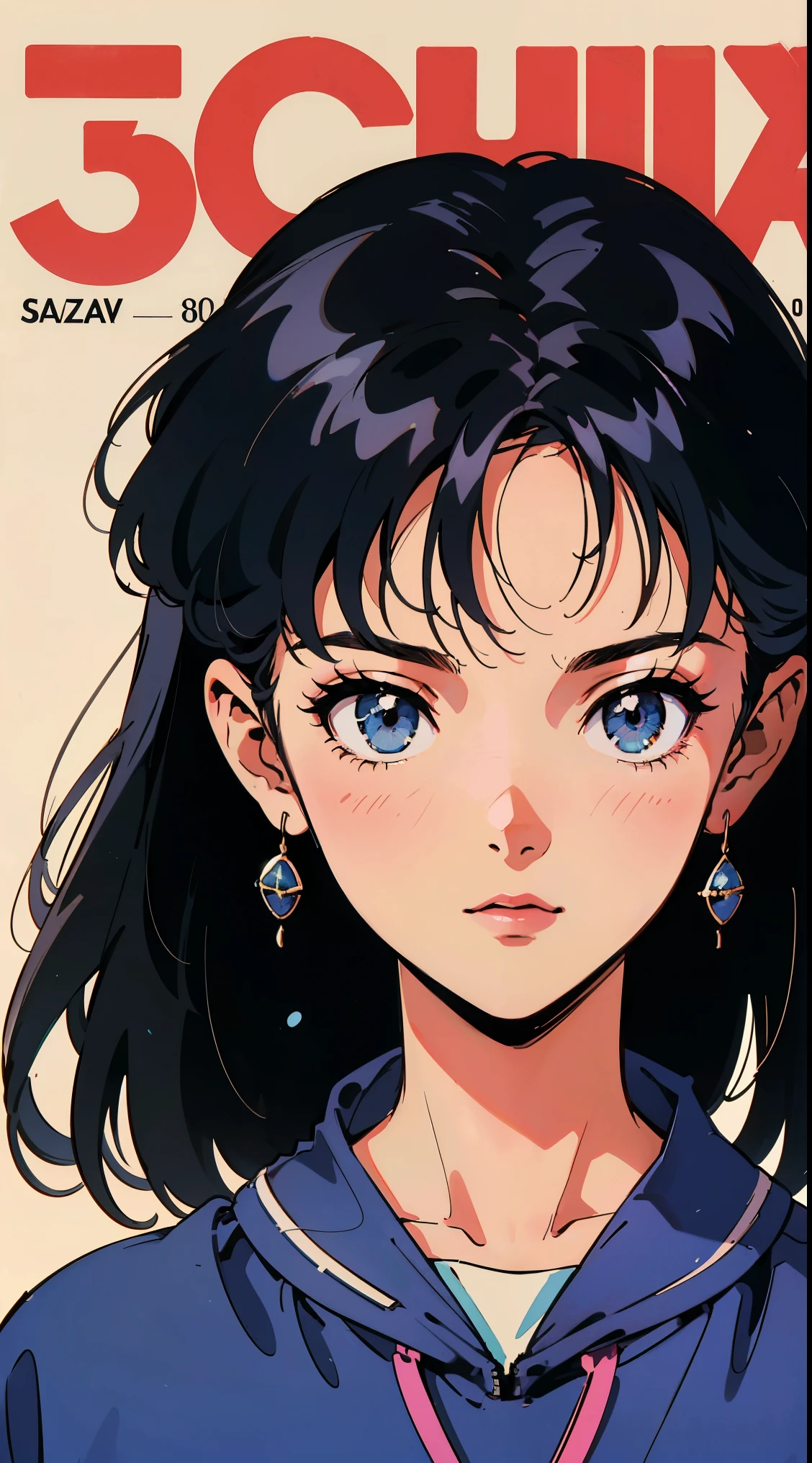 the highest image quality, 1980s style anime, 21 year old girl, black hair, with a loose sweatshirt, White background, magazine cover, close up of face