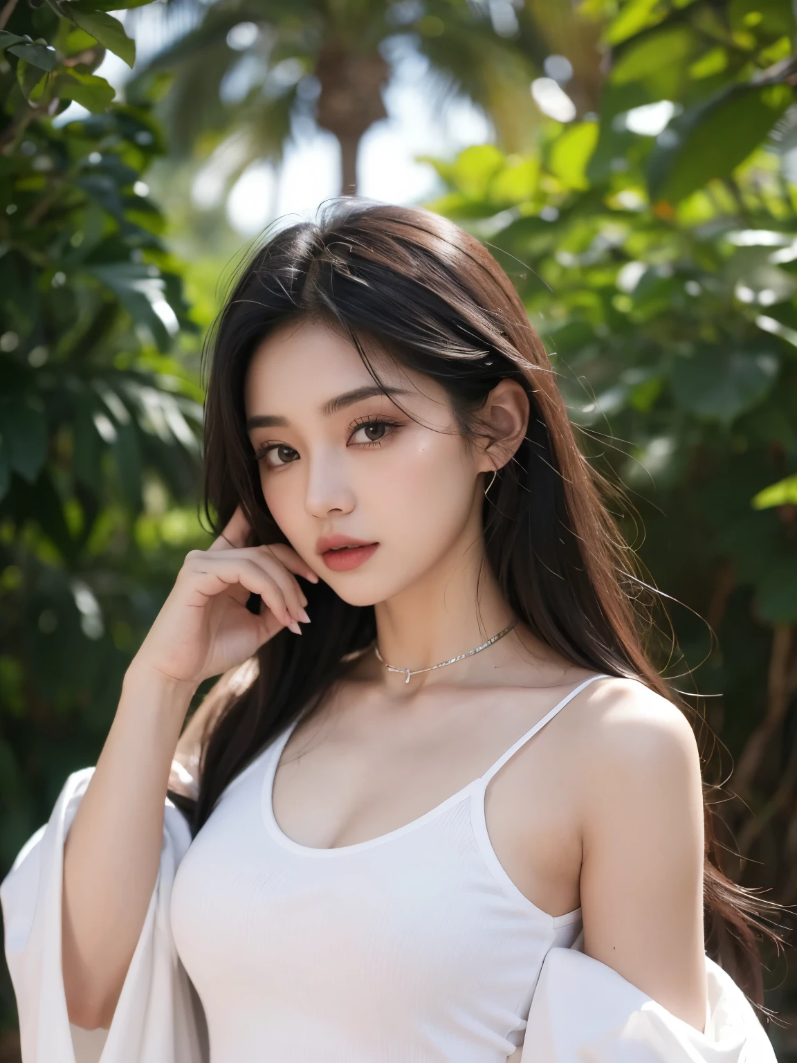 Kim Jennie con el cabello negro oscuro, con rulos en las puntas del cabello negro oscuro, con un ganchito de estrella en el cabello negro oscuro, ojos de color claro, ojos bonitos, ojos llorosos, nariz bonita y respingada, labios bonitos, labios rosas, heart and cupid shaped lip, piel bonita, pale, piel blanca, con lunares y pecas en todo el rostro, rubor rosa suave en las mejilla, rubor rosa natural, dark and gothic makeup, Jennie gotica, mientras ella esta con un chico lindo a su lado, with a cute asian boy standing next to her, mientras hay un torso de hombre, mientras el hombre&#39;His hand is on his jaw.., manos bonitas de hombre, with a gothic boy, cuellos bonito, cuello marcado, frown, mirada enojada, con un collar de beso, un collar bonito de beso, mientras sus pezones son notorios (pechos grandes, pechos suaves, pechos bonitos, pechos naturales), con un vestido blanco, vestido corto y transparente, visible on the nipple, con un chico a su lado, con su novio, mirando a la camara, autofoto