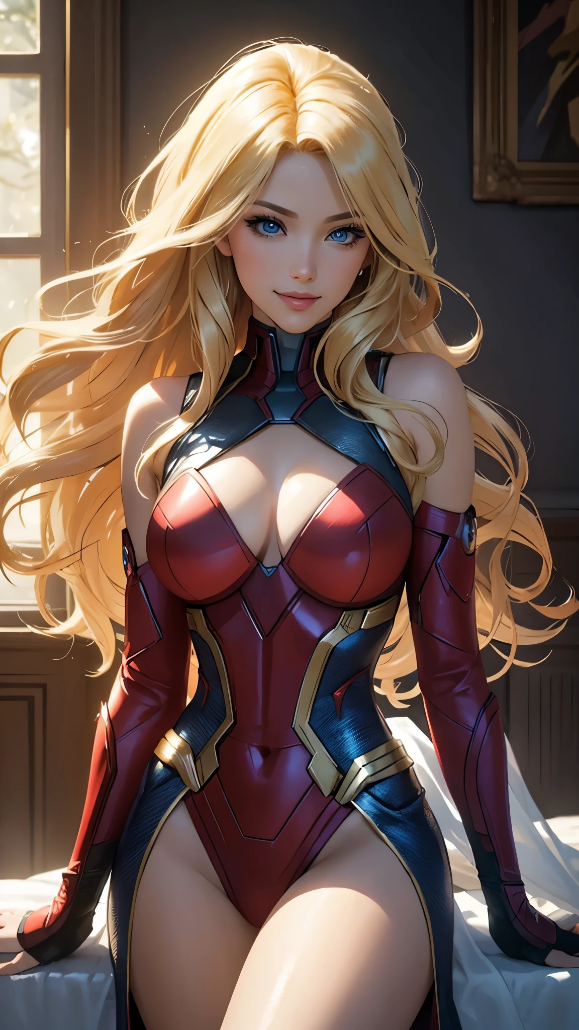 (best quality,ultra-detailed,photo-realistic:1.37),bright and vibrant colors,studio lighting,playful expression,stylish makeup,long blonde hair flowing in the wind,alluring eyes,glossy lips,sexy pose, 1945, Marvel Avengers, smiling in a confident and seductive way,posing for a professional photoshoot,shallow depth of field,highlighting the main subject,soft natural lighting,creating a dreamy and magical atmosphere.
