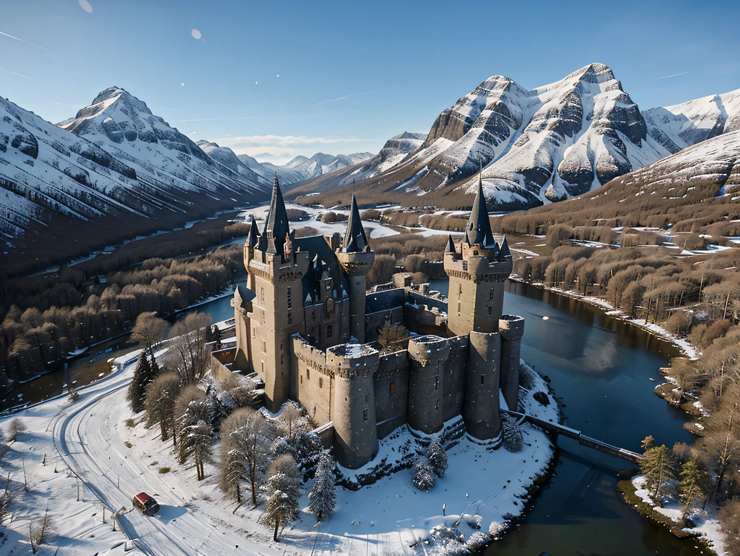 arafed castle in the middle of a snowy mountain range, beautiful castle, fairy tale place, drone photography, epic castle with tall spires, scotland, close to lake and river