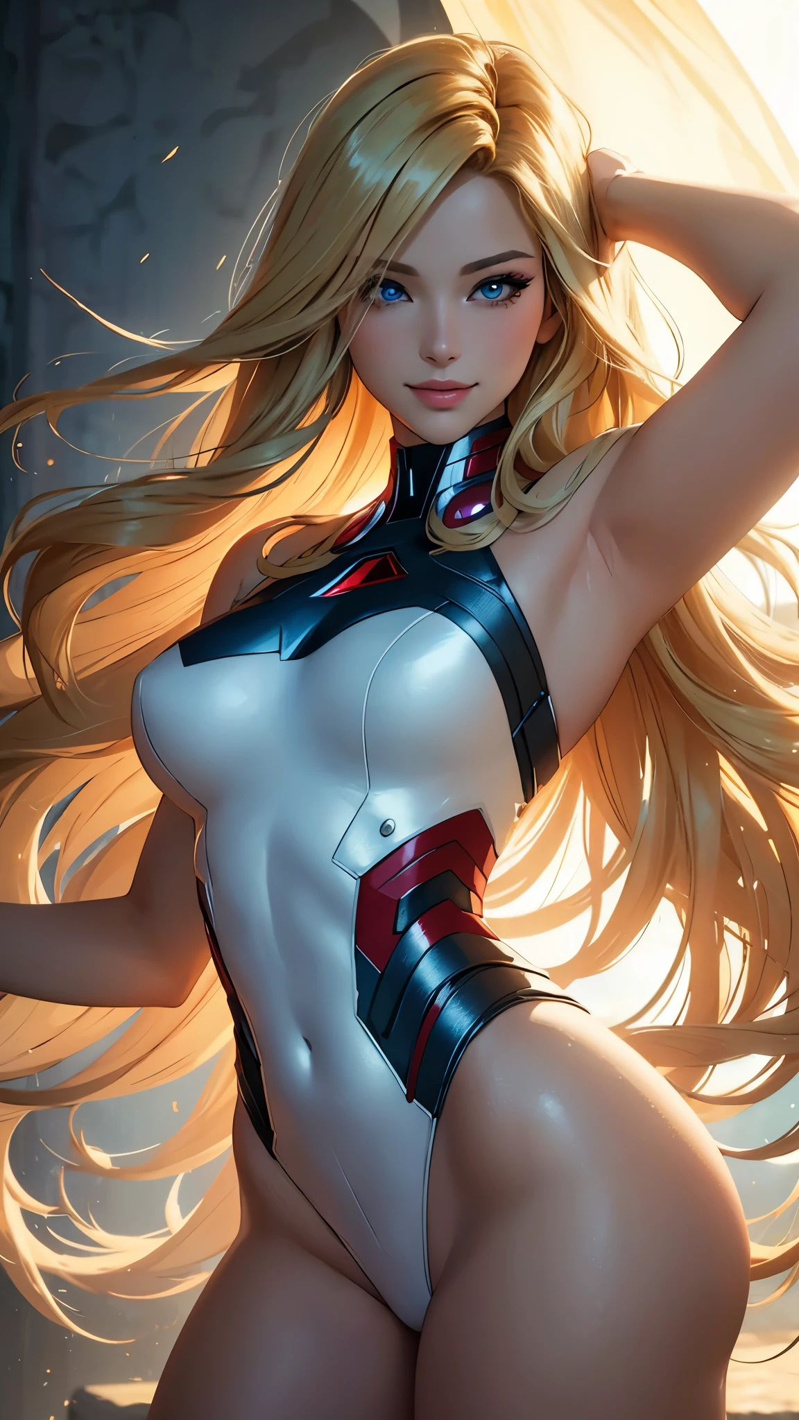 (best quality,ultra-detailed,photo-realistic:1.37),bright and vibrant colors,studio lighting,playful expression,stylish makeup,long blonde hair flowing in the wind,alluring eyes,glossy lips,sexy pose, 1945, Marvel Avengers, smiling in a confident and seductive way,posing for a professional photoshoot,shallow depth of field,highlighting the main subject,soft natural lighting,creating a dreamy and magical atmosphere.