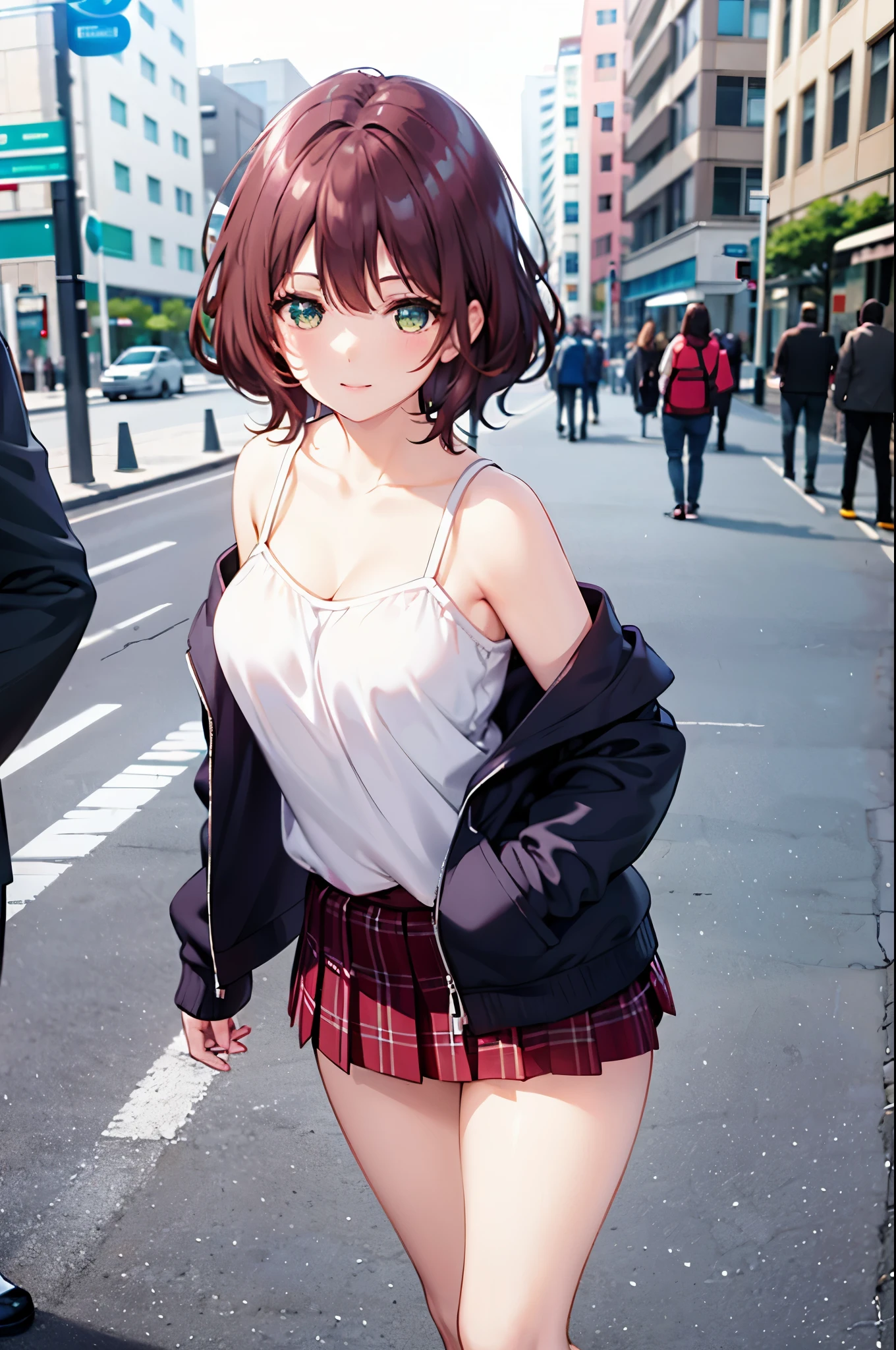 realistic image, coherent image, detailed image, 1 beautiful girl. She has medium-long, brown hair. Her eyes are green, long eyelashes. Her face is oval and delicate, smiling. She is wearing a long-sleeved, shoulder-baring, off-shoulder top, plaid pleated mini skirt. She has a curvy body, medium breasts, thick thighs, sneakers. sexy pose. full body view. Urban background, surrounded by people, natural lighting, volumetric lighting,