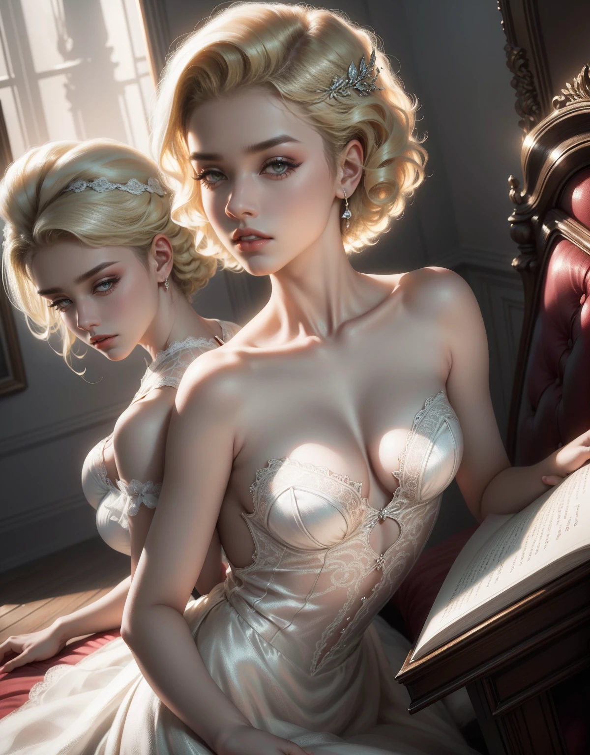 (Masterpiece - Ultra-Detailed, High Resolution) Prepare to be enchanted by a true masterpiece that combines ultra-detailed art with high-resolution rendering. This work shows a mesmerizing woman, with short, light blonde hair, 1950s style, Marilyn Monroe (1.3) and captivating brown eyes (1.2),(brown eyes) New York illustration style, wearing red lipstick, emanating an aura of elegance and mystery. Wearing victorian classic 1950s clothing. sexy. Intricate details and realistic textures invite you to explore every aspect of this enchanting composition. Transparent white dress. reading, writing, lying, standing, on your back, dynamic poses. Get ready to dive into a world where beauty and craftsmanship merge perfectly.