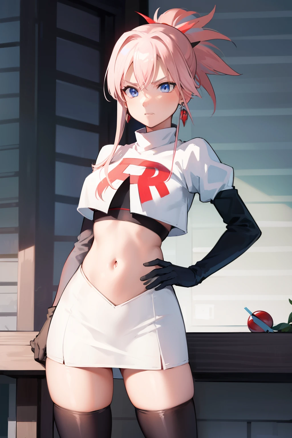 miyamotomusashi, miyamoto musashi, asymmetrical hair, blue eyes, earrings, hair ornament, pink hair, ponytail, sidelocks,team rocket,team rocket uniform, red letter R, white skirt,white crop top,black thigh-highs,black elbow gloves