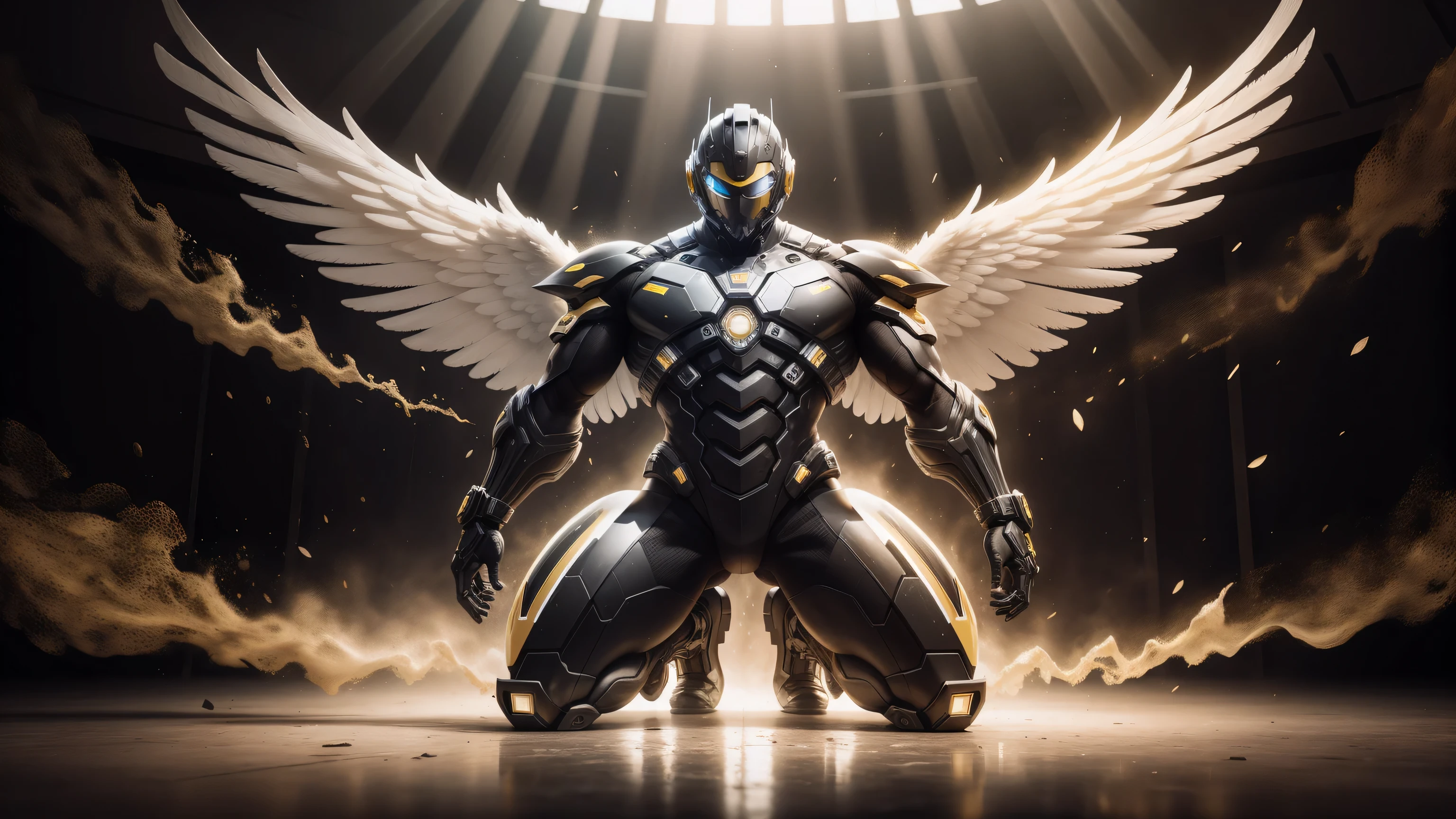 1 Muscular male angel wearing a technological helmet，He knelt down on one knee，Black and yellow honeycomb network pattern nano mecha，huge black angel wings，Mechanical helmets，small grid texture，regular symmetrical texture pattern，heroic male pose，高大burly，muscular！Charming leg muscles，High, burly, Heqiang，  Super gain and cool， high resolution committee， Bigfoot black and yellow ultra-thin nano mechanical boots，Charming strong man，The bright sunshine is shining on you，matte particles，shiny texture