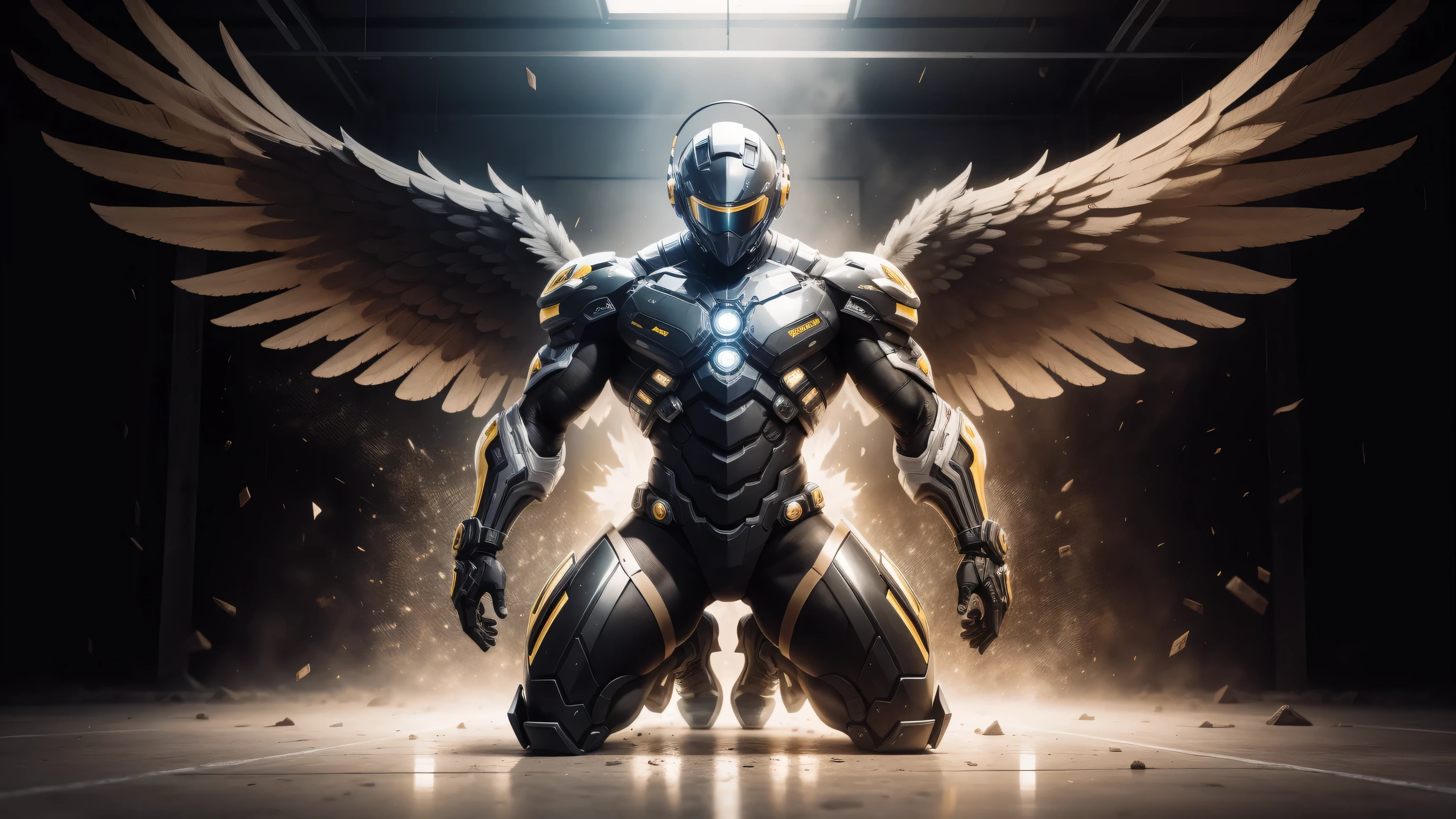 1 Muscular male angel wearing a technological helmet,He knelt down on one knee,Black and yellow honeycomb network pattern nano mecha,huge black angel wings,Mechanical helmets,small grid texture,regular symmetrical texture pattern,heroic male pose,高大burly,muscular!Charming leg muscles,High, burly, Heqiang, Super gain and cool, high resolution committee, Bigfoot black and yellow ultra-thin nano mechanical boots,Charming strong man,The bright sunshine is shining on you,matte particles,shiny texture