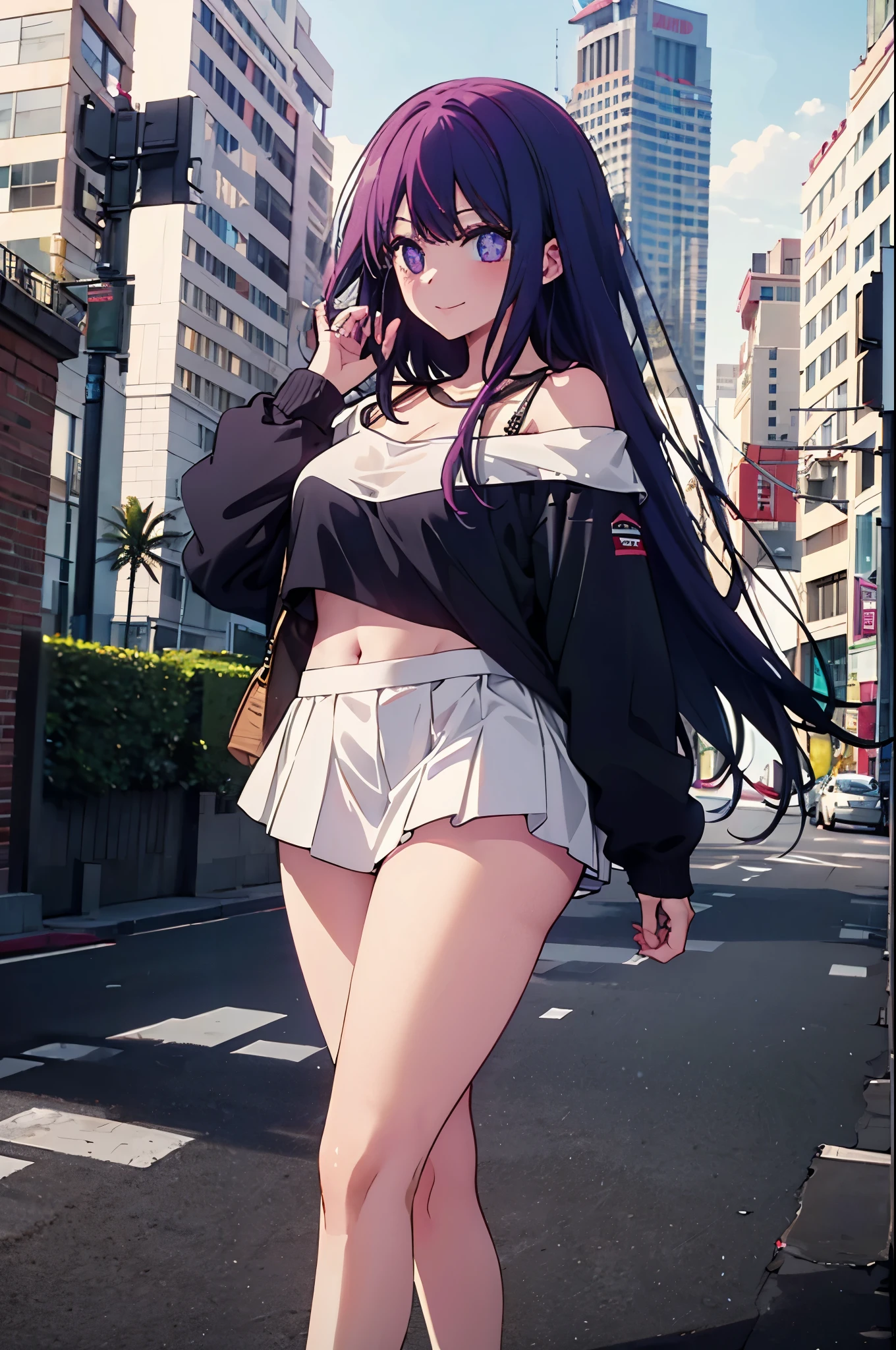 realistic image, coherent image, detailed image, 1 beautiful girl. She has purple hair, long hair. Her eyes are berry pink, with a six-pointed star in each of her eyes, long eyelashes. Her face is oval and delicate, smiling. She is wearing a long-sleeved off-the-shoulder t-shirt, showing her navel, pleated mini skirt, sneakers, she has a curvy body, medium breasts, thick thighs, urban background, surrounded by buildings, natural lighting, volumetric lighting