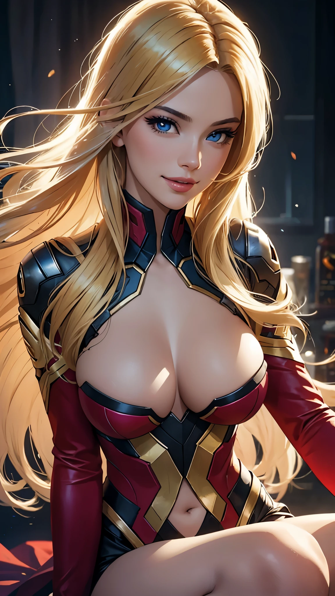 (best quality,ultra-detailed,photo-realistic:1.37),bright and vibrant colors,studio lighting,playful expression,stylish makeup,long blonde hair flowing in the wind,alluring eyes,glossy lips,sexy pose, 1945, Marvel Avengers, smiling in a confident and seductive way,posing for a professional photoshoot,shallow depth of field,highlighting the main subject,soft natural lighting,creating a dreamy and magical atmosphere.