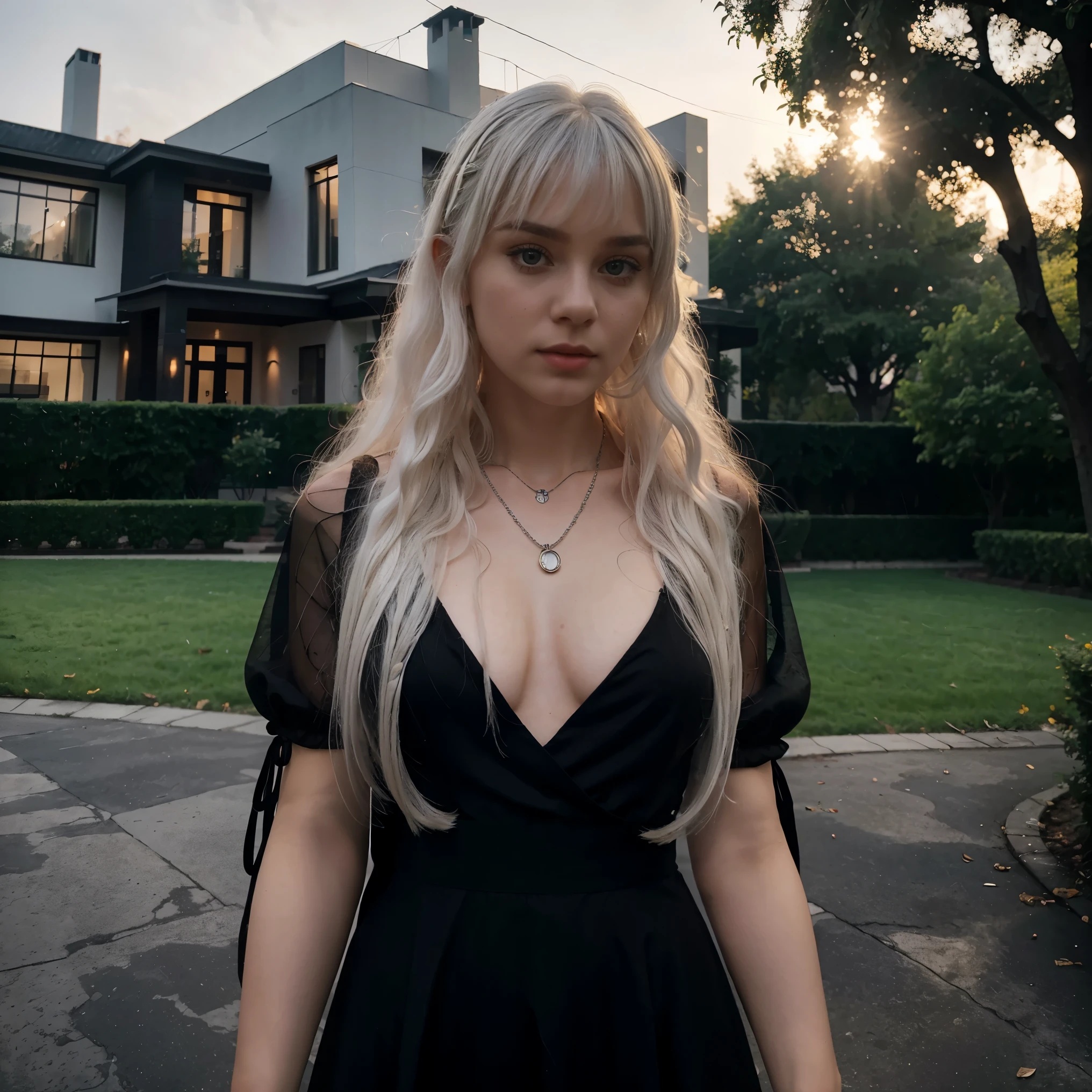 russian girl with white hair long curly hair with bangs wearing a elegant dress with ropes, Silver necklace with a big blacked out modern mansion in a neighborhood in Bel-Air background on a foggy morning