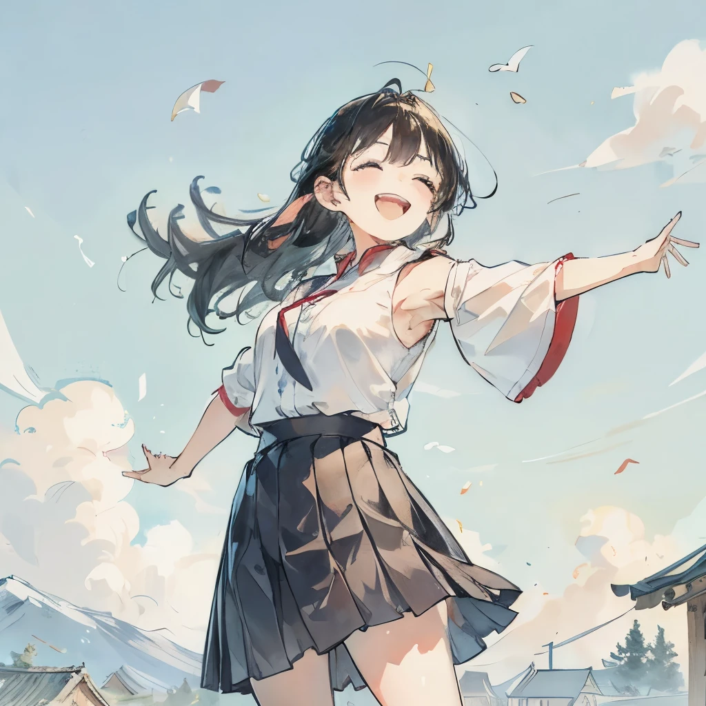 the wind is strong、Beauty、knit cardigan uniform、One eye closed、、whole body、body whole、angle from below、looking down on、Skirt flips up、I can see your panties、hold the skirt、schoolyard