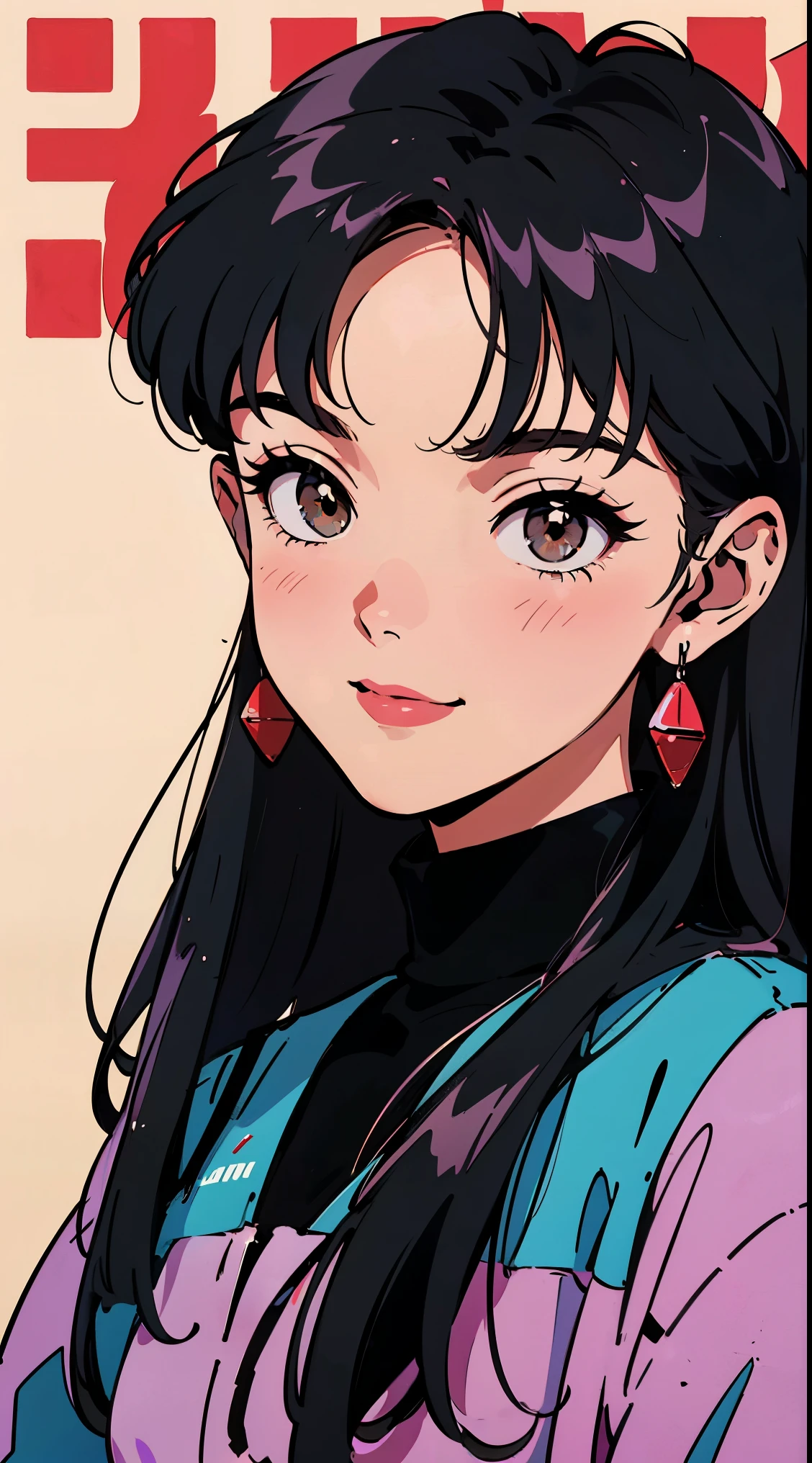 the highest image quality, 1980s style anime, 21 year old girl, black hair, long hair, light brown eyes, with a loose sweatshirt, White background, magazine cover, close up of face, smiling, princess face