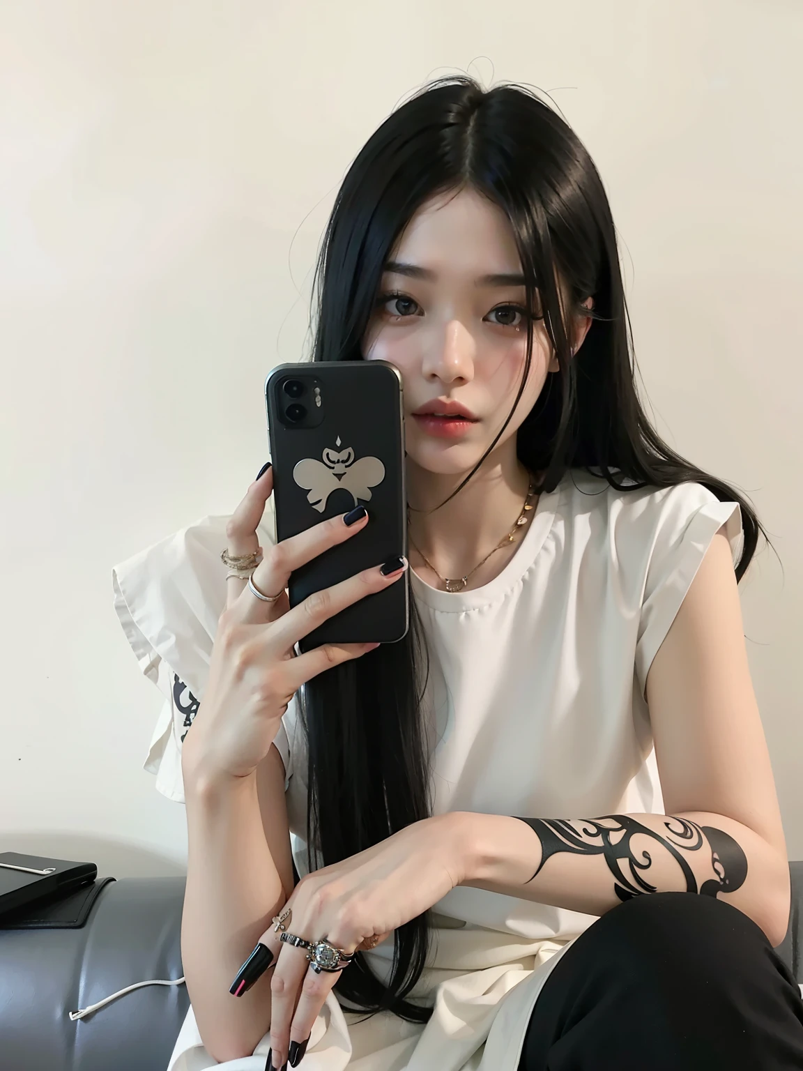 araffe woman with long black hair sitting on a couch holding a cell phone, ulzzang, cruel korean goth girl, goth girl aesthetic, jinyoung shin, of taiwanese girl with tattoos, korean girl, hair blackbangs hair, whitebangsblackhair, beautiful south korean woman, goth aesthetic, 2 4 year old female model, white hime cut hairstyle
