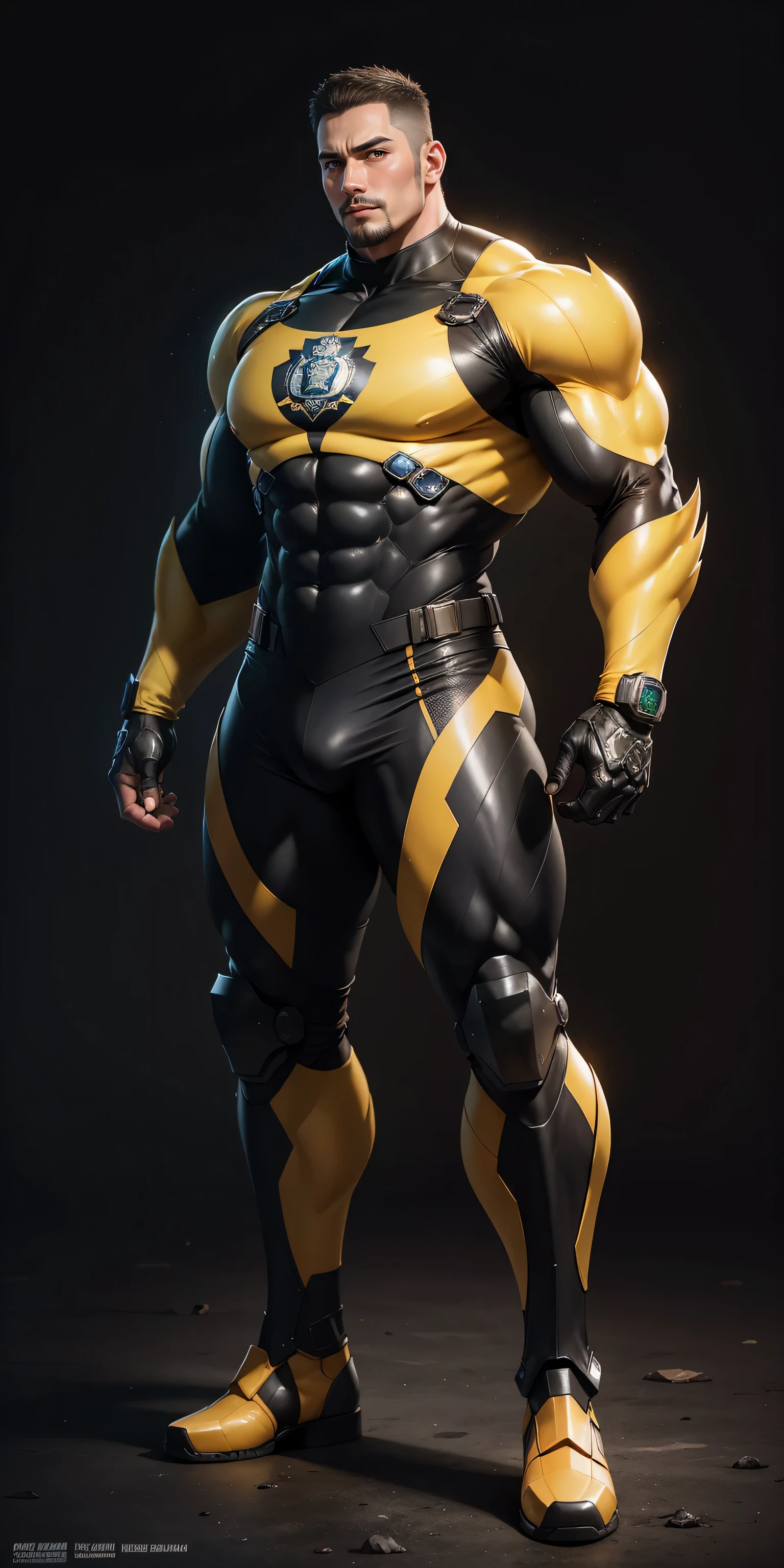 Tall giant muscular police officer,Yellow and black honeycomb network pattern nano mecha,honeycomb pattern,Lightweight texture,character concept(Resident Evil - chris redfield,chris redfield)senior police officer,small grid texture,regular symmetrical texture pattern,sad expression,Deep and charming eyes,emerald eyed hero,Valiant male pose,高大burly,muscular!Charming leg muscles,High, burly, Heqiang, Super gain and cool, high resolution committee, Bigfoot yellow and black ultra-thin nano-mechanical boots,Charming strong man,The bright sunshine is shining on you,matte particles,shiny texture