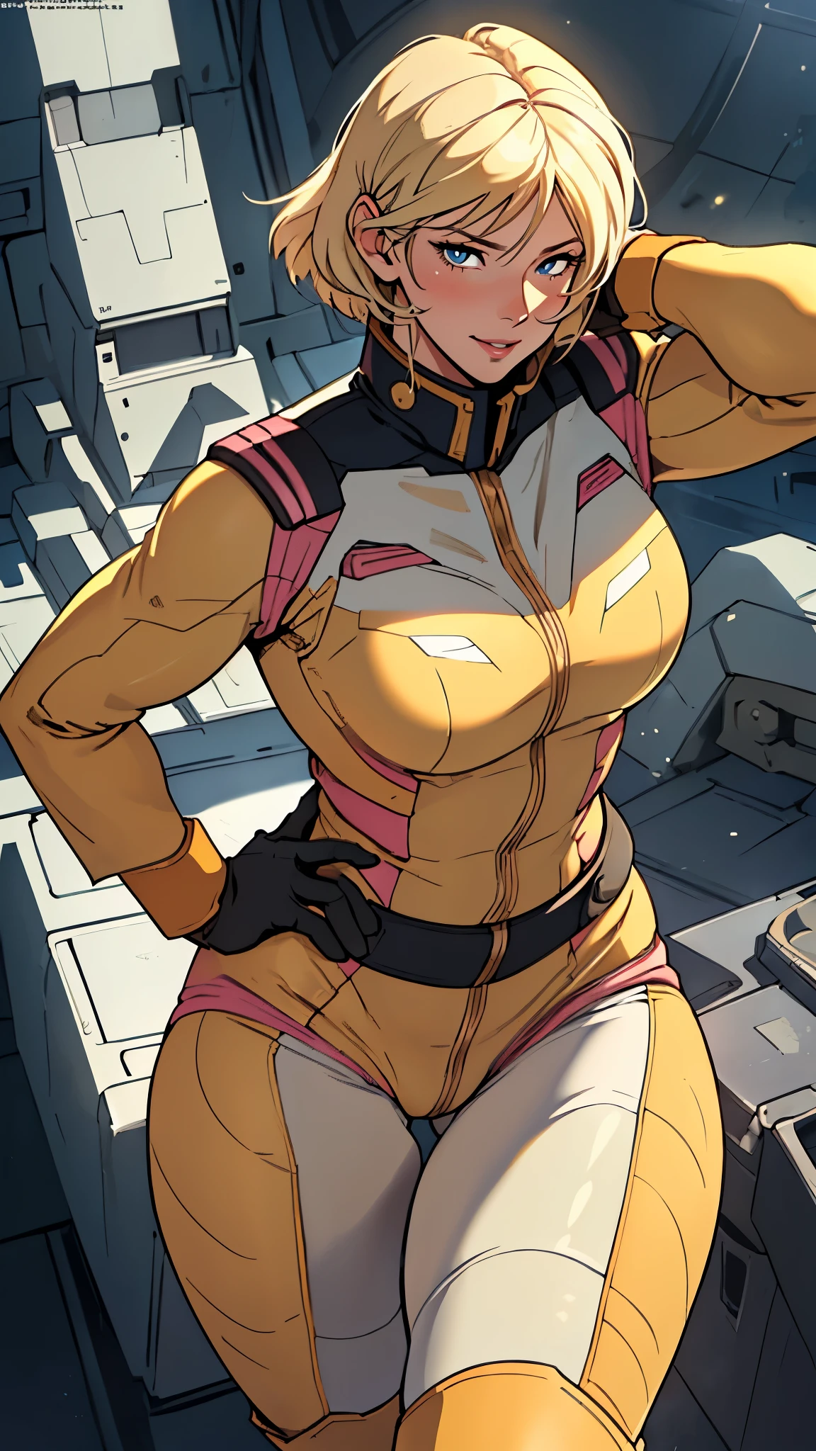 Browsing Caution, (Best image quality,highest quality,Highest Resolution, Ultra-Realistic Images,Very detailed,masterpiece),Sayla Mass,Blonde Short Hair,((Sticky with sweat)),Big Breasts, Erect nipples, (((Large areola))),(((Exposing the breasts))),Pink military uniform,Abdominal muscles, Camel Toe,blush, Eyes in Love, Dynamic pose ,Browsing Caution,