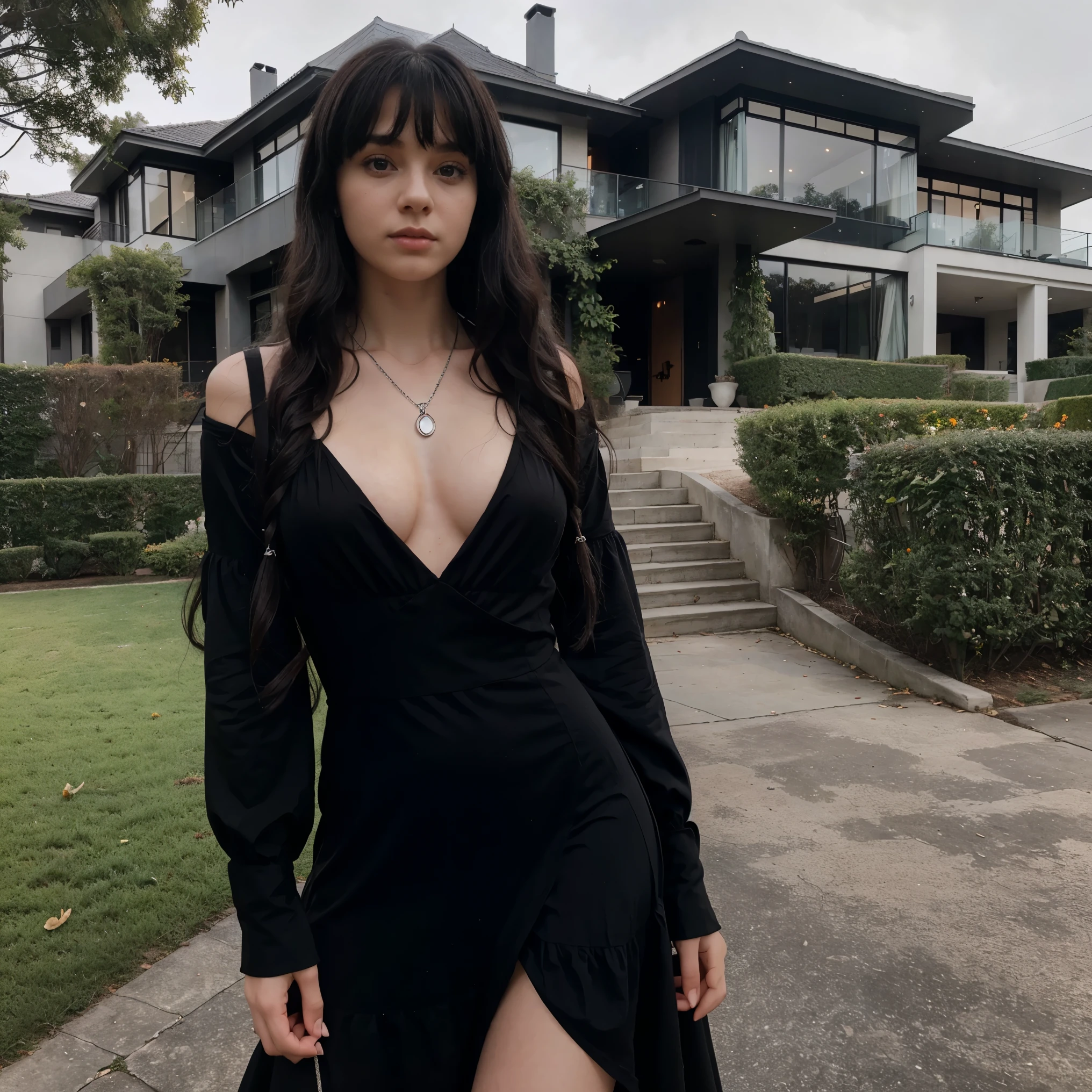 teen russian girl with black hair long curly hair with bangs wearing a elegant dress with ropes, Silver necklace with a big blacked out modern mansion in a neighborhood in Bel-Air background on a foggy morning 