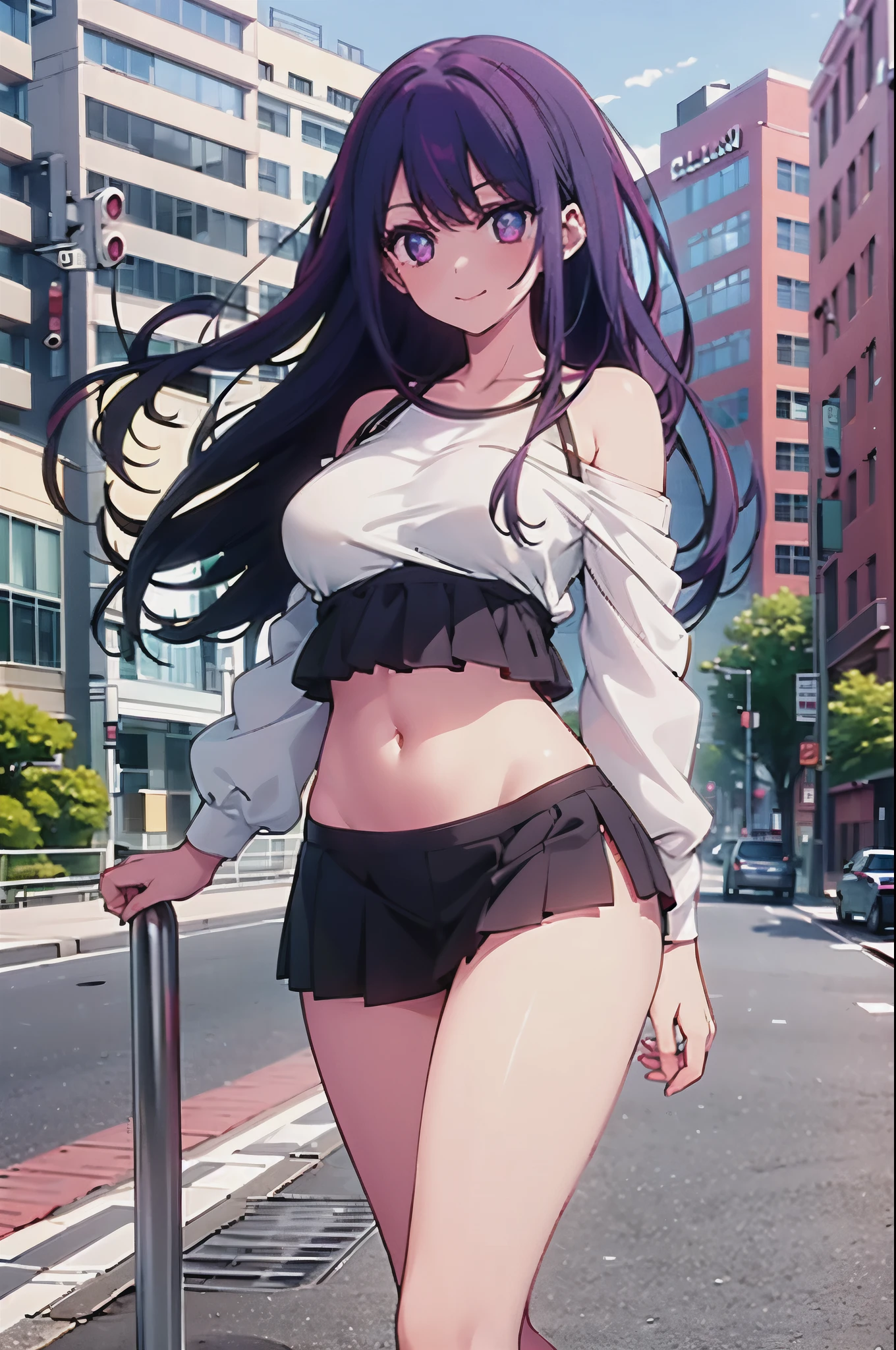 realistic image, coherent image, detailed image, 1 beautiful girl. She has purple hair, long hair. Her eyes are berry pink, with a six-pointed star in each of her eyes, long eyelashes. Her face is oval and delicate, smiling. She is wearing a long-sleeved off-the-shoulder t-shirt, showing her navel, pleated mini skirt, sneakers, she has a curvy body, medium breasts, thick thighs, urban background, surrounded by buildings, natural lighting, volumetric lighting