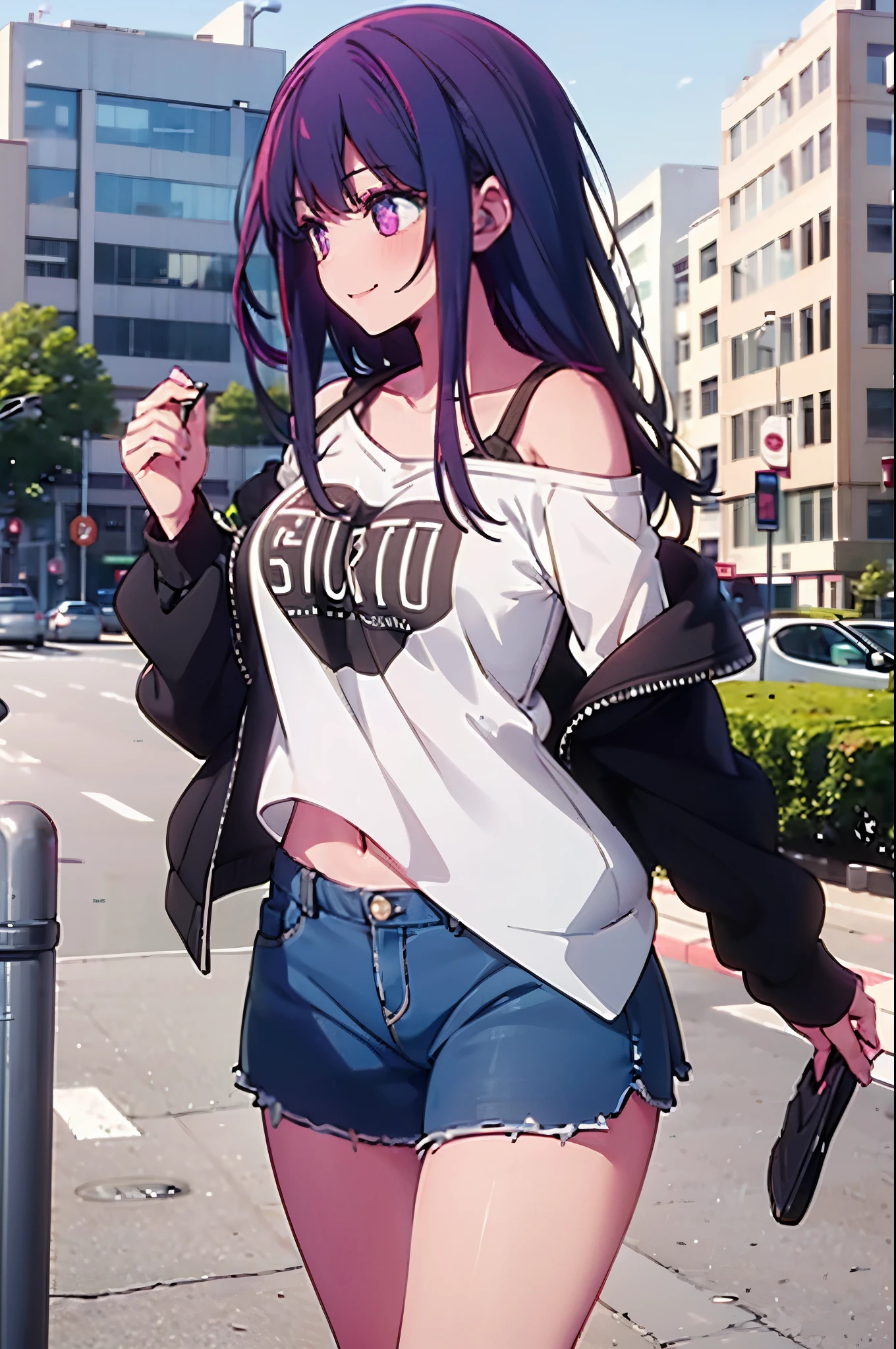 realistic image, coherent image, detailed image, 1 beautiful girl. She has purple hair, long hair. Her eyes are berry pink, with a six-pointed star in each of her eyes, long eyelashes. Her face is oval and delicate, smiling. She is wearing a long-sleeved off-the-shoulder t-shirt, showing her navel, pleated mini skirt, sneakers, she has a curvy body, medium breasts, thick thighs, urban background, surrounded by buildings, natural lighting, volumetric lighting