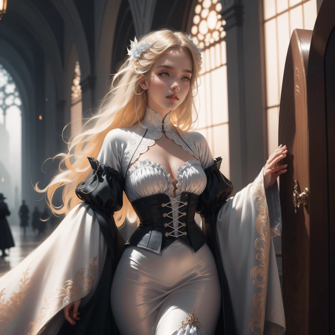 { -  error}(Masterpiece - Ultra-detailed, very high resolution) Prepare to be enchanted by a true masterpiece that combines ultra-detailed art with high-resolution rendering. This work depicts a mesmerizing woman with very long blond hair (1.3) and captivating gray eyes (1.2), emanating an aura of elegance and mystery in Victorian settings. The intricate details and realistic textures invite you to explore every aspect of this enchanting composition. Woman wearing beautiful classic Victorian costume from the year 1878. Red lips. Happy face. Smiling. white (white) dress. Laying on the bed, backwards, looking back, dynamic poses. Get ready to dive into a world where beauty and craftsmanship merge perfectly.