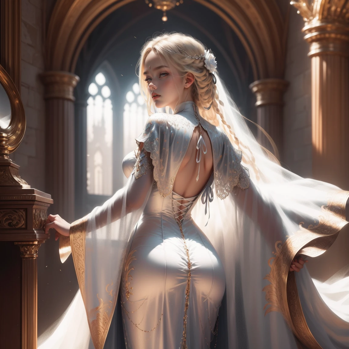 { -  error}(Masterpiece - Ultra-detailed, very high resolution) Prepare to be enchanted by a true masterpiece that combines ultra-detailed art with high-resolution rendering. This work depicts a mesmerizing woman with very long blond hair (1.3) and captivating gray eyes (1.2), emanating an aura of elegance and mystery in Victorian settings. The intricate details and realistic textures invite you to explore every aspect of this enchanting composition. Woman wearing beautiful classic Victorian costume from the year 1878. Red lips. Happy face. Smiling. white (white) dress. Laying on the bed, backwards, looking back, dynamic poses. Get ready to dive into a world where beauty and craftsmanship merge perfectly.