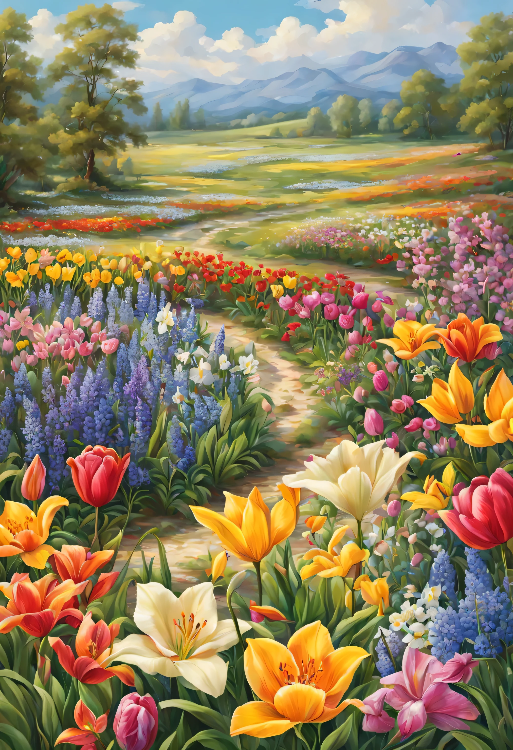 wildflowers, roses, tulips, lilies, orchids, field, art, vibrant, colorful, no background.