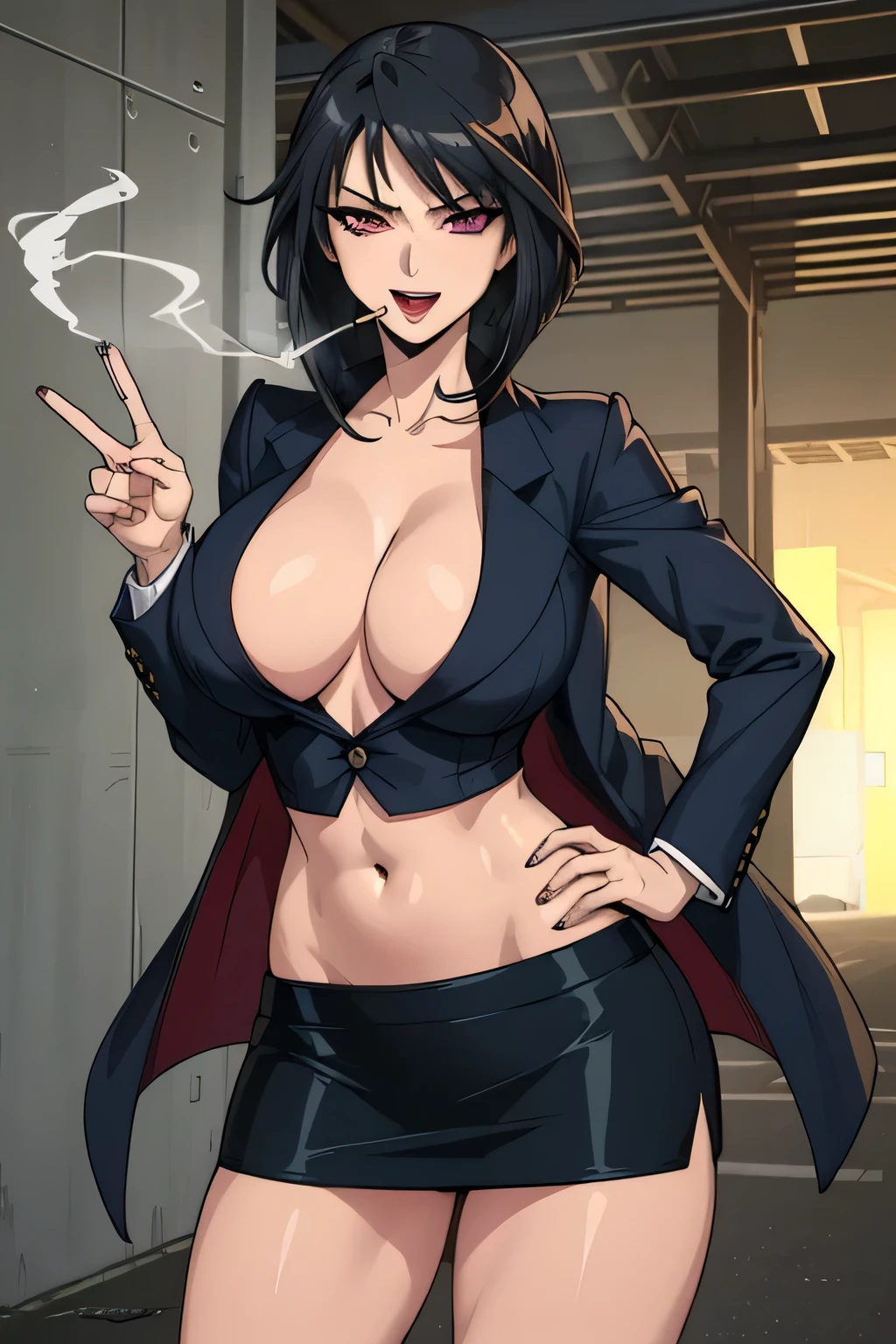 (masterpiece, highres, high quality:1.2), intricate details, cinematic lighting, ambient occlusion,
WakatsukiRisa, 1girl, solo, mature female,  standing, hands on hips, 
naughty face, smile,
black hair, short hair, makeup, lipstick, eyelashes, purple eyes, detailed eyes, perfect face,
medium breasts, narrow waist,  masterpiece, best quality, highly detailed, a girls with a gun, open mouth, blazer, sexy gaze, (nsfw) not safe for work, badass pose , evil smile, smile, guns blazing, anime girl with long hair, beautiful long haired girl, navel, evil expression, exposed belly, exposed navel, exposed midriff, exposed lower belly, micro miniskirt, micro pencil skirt, pencil skirt ,holding a gun, outdoor,street,road ,  smoking cigarette, cigarette in mouth,