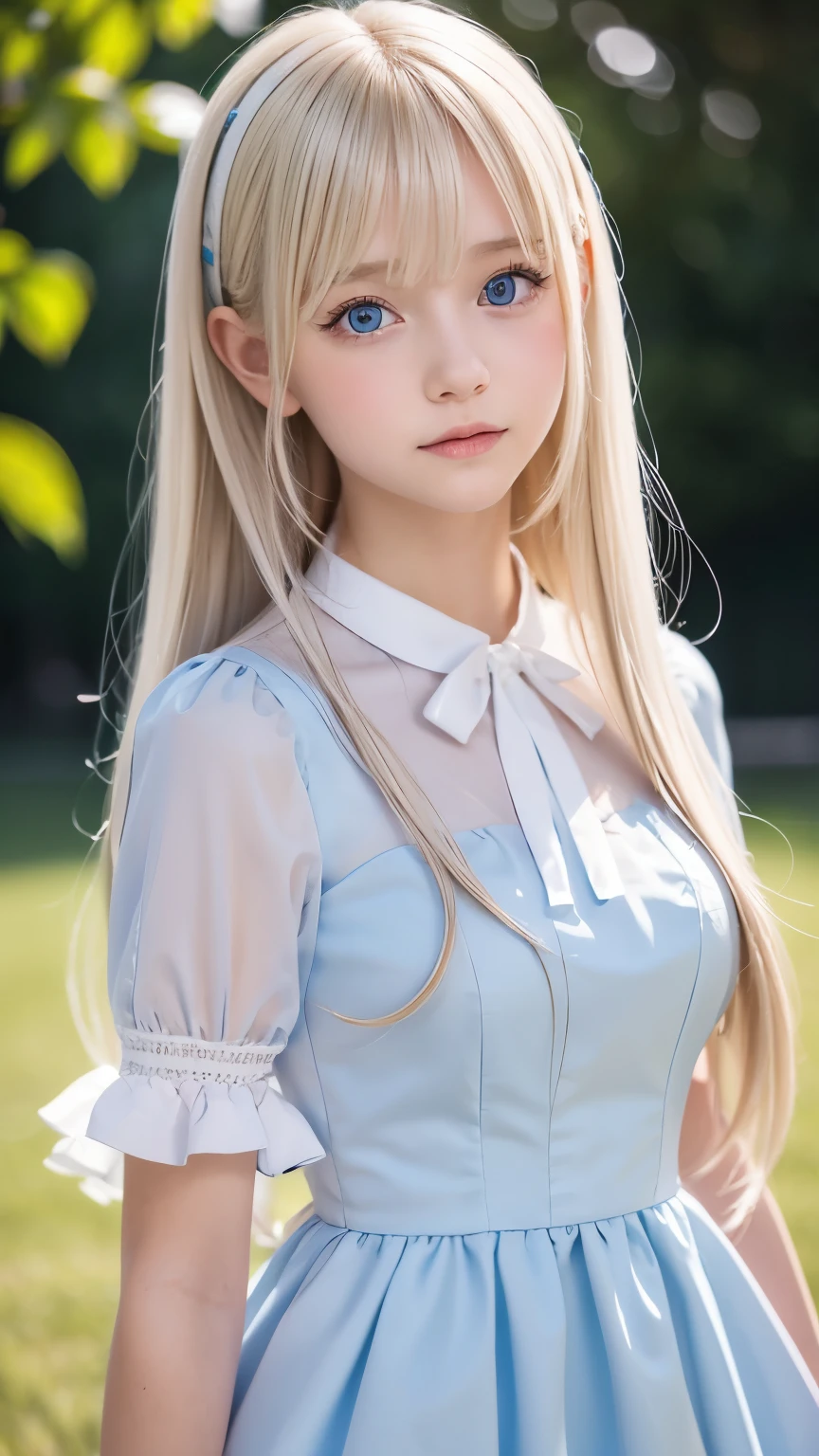 (super detailed), Very beautiful platinum blonde super long straight silky hair、cute light blue princess dress,(ruffle dress),(short sleeve),Big bright blue eyes that shine so beautifully、very big eyes,Upper body、Close-up、face、かわいらしい笑face,facing the front, , teenage girl,no tail,(no tail),2D, masterpiece, highest quality, and soul, detailed eye, 詳しいface, blondeの女の子、only one person,blondeのスーパーロングストレートヘア, (blonde), ear hair, , single blade, (single blade), (side blade), pink ribbon, ribbon around the neck, (white sleeves), background bokeh