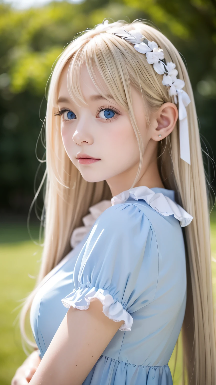 (super detailed), Very beautiful platinum blonde super long straight silky hair、cute light blue princess dress,(ruffle dress),(short sleeve),Big bright blue eyes that shine so beautifully、very big eyes,Upper body、Close-up、face、かわいらしい笑face,facing the front, 15 years old, teenage girl,no tail,(no tail),2D, masterpiece, highest quality, and soul, detailed eye, 詳しいface, blondeの女の子、only one person,blondeのスーパーロングストレートヘア, (blonde), ear hair, , single blade, (single blade), (side blade), pink ribbon, ribbon around the neck, (white sleeves), background bokeh