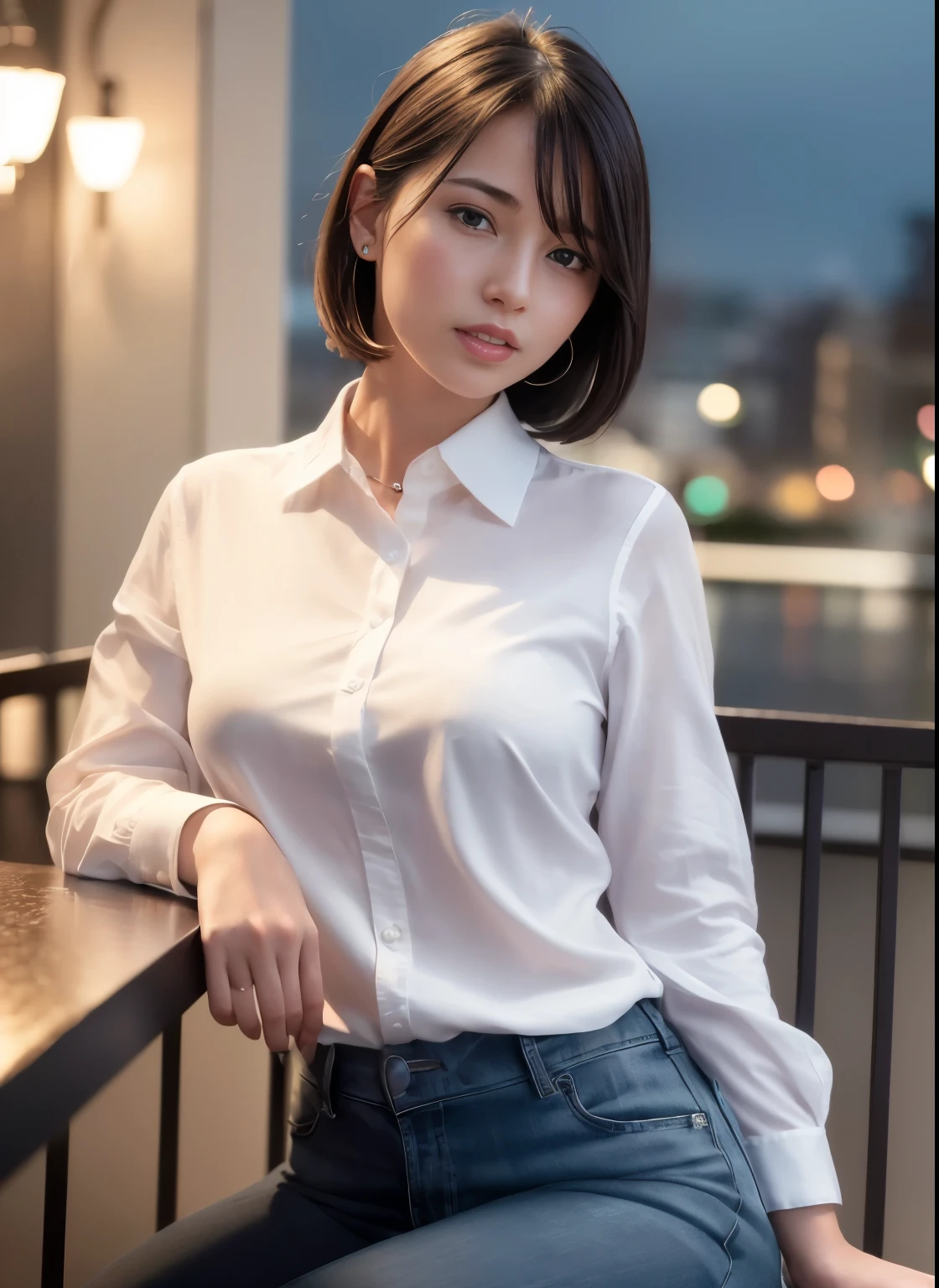 (8k, highest quality, masterpiece: 1.2), (realistic, realistic: 1.37), Super detailed, 1 girl, cute, alone, beautiful and detailed sky, Detailed cafe, night, sitting, date, ( blush your nose), (smile: 1.15), (close your mouth) small breasts, beautiful details, (collared shirt: 1.1), night, Wet, business wear, white lace, (short hair: 1.2), Floating hair NovaFrogStyle,