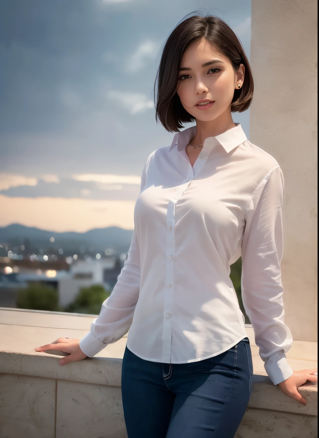 (8k, highest quality, masterpiece: 1.2), (realistic, realistic: 1.37), Super detailed, 1 girl, cute, alone, beautiful and detailed sky, Detailed cafe, night, sitting, date, ( blush your nose), (smile: 1.15), (close your mouth) small breasts, beautiful details, (collared shirt: 1.1), night, Wet, business wear, white lace, (short hair: 1.2), Floating hair NovaFrogStyle,