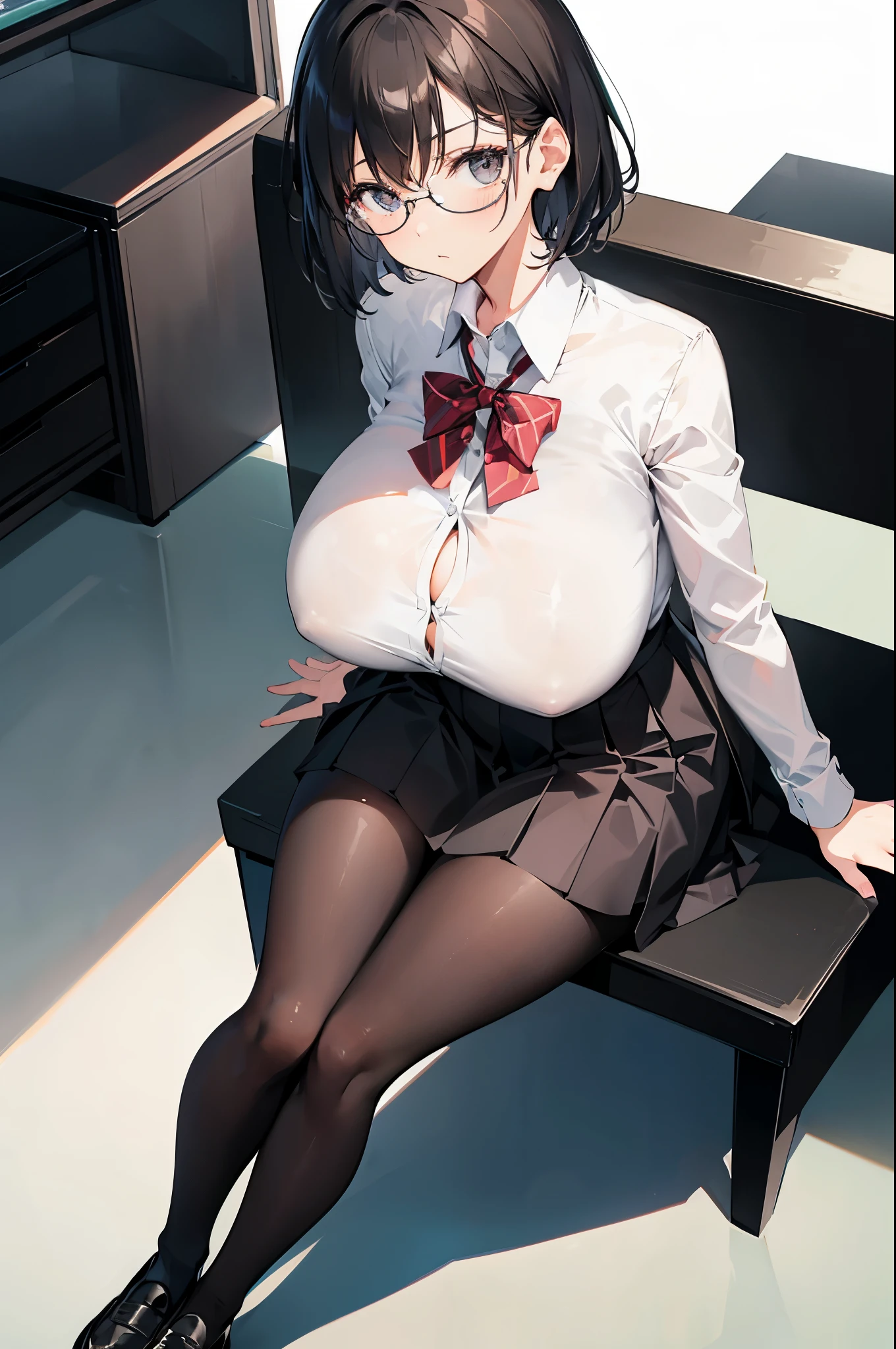 1 girl, glasses, (full body:1.2), sitting, (angle from below:1.1), (angle from the side:1.1), blush, (slim body:1.2), (huge breasts:1.5), (slender and long legs:1.2), black hair, short hair, white long sleeve shirt, pleated skirt, (black tights:1.1), black loafers,