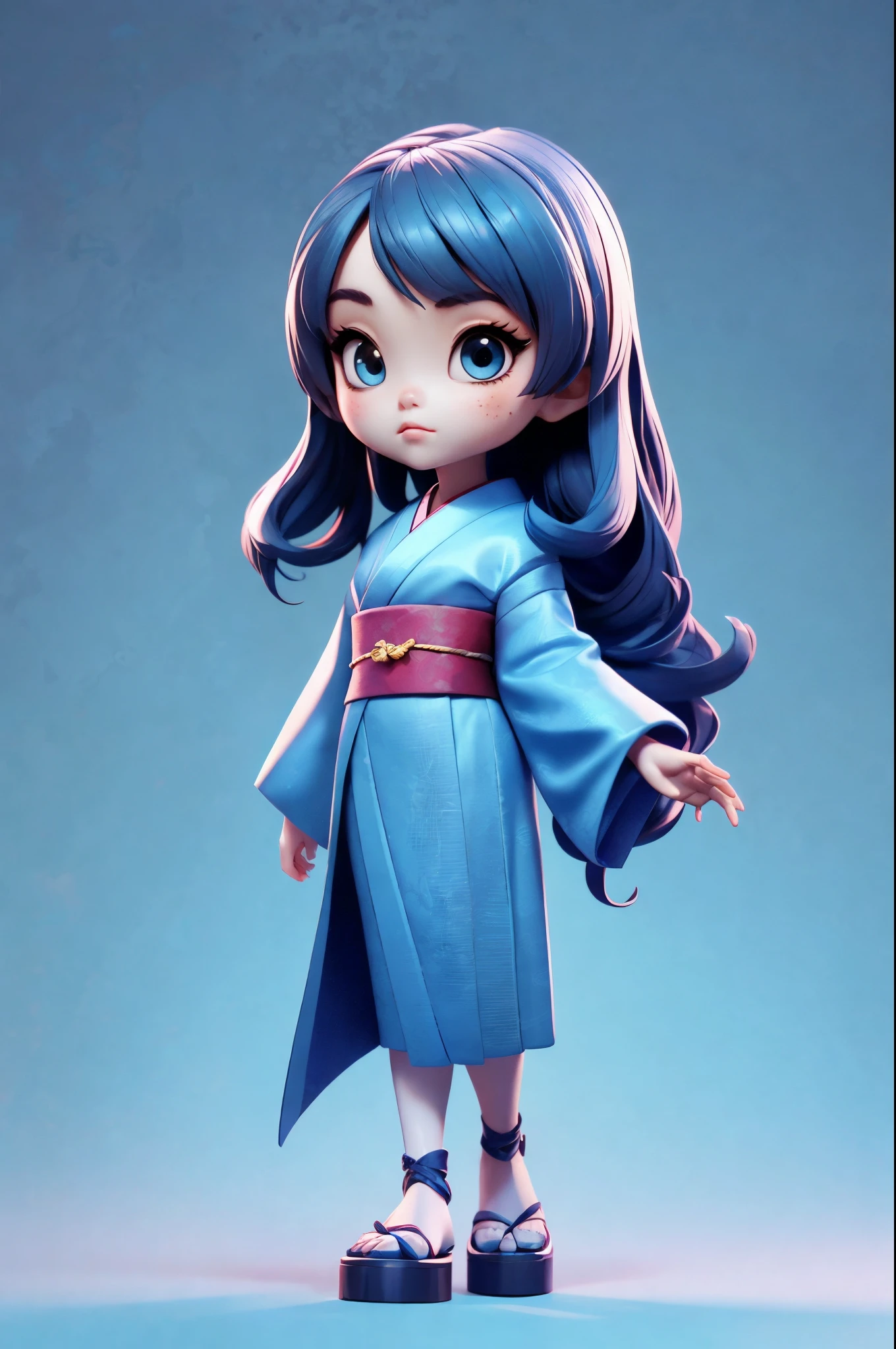 3D character,japanese kimono,(whole body:1.2),simple background, masterpiece,highest quality,(bleu ray gradient background:1.1)japanese girl