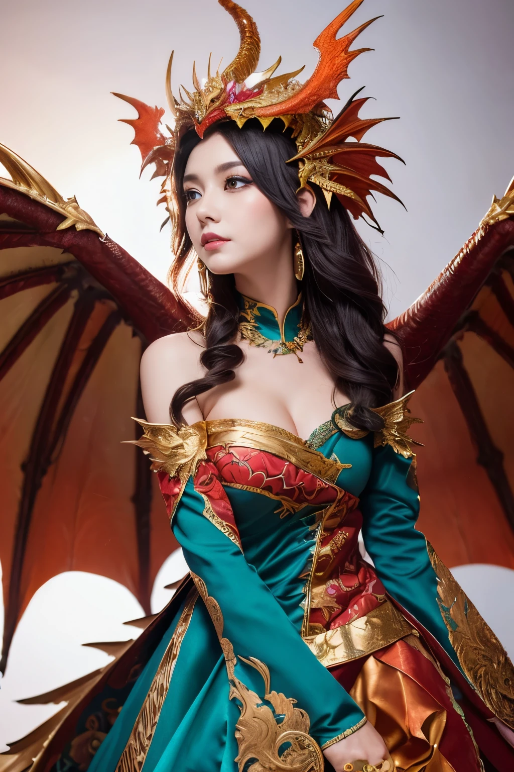 ( absurdly , high quality , Super detailed,See photographer ), phoenix queen,Detailed and beautifully colored dragon costume,