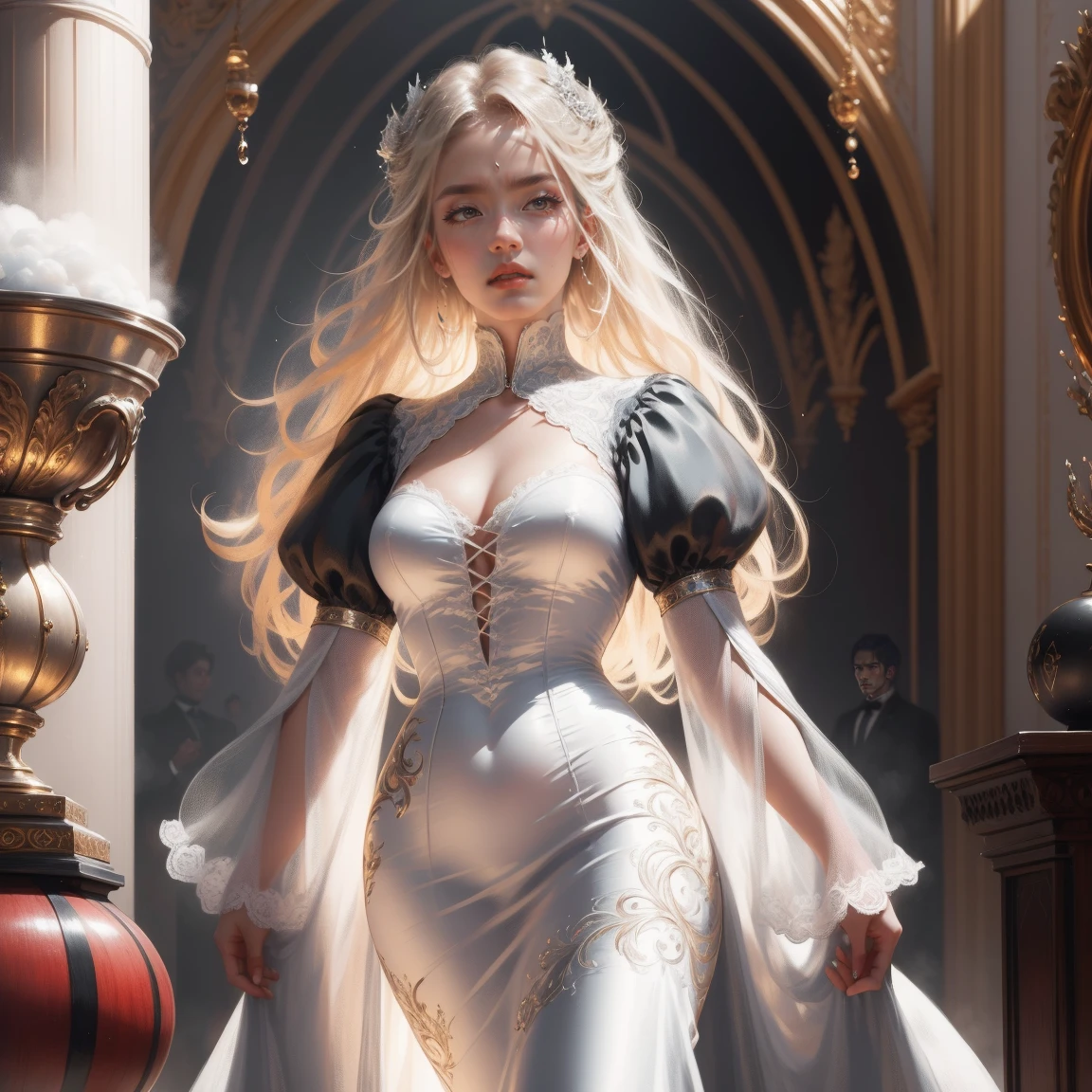 { -  error}(Masterpiece - Ultra-detailed, very high resolution) Prepare to be enchanted by a true masterpiece that combines ultra-detailed art with high-resolution rendering. This work depicts a mesmerizing woman with very long blond hair (1.3) and captivating gray eyes (1.2), emanating an aura of elegance and mystery in Victorian settings. The intricate details and realistic textures invite you to explore every aspect of this enchanting composition. Woman wearing beautiful classic Victorian costume from the year 1878. Red lips. Happy face. Smiling. white (white) dress. Laying on the bed, backwards, looking back, dynamic poses. Get ready to dive into a world where beauty and craftsmanship merge perfectly.