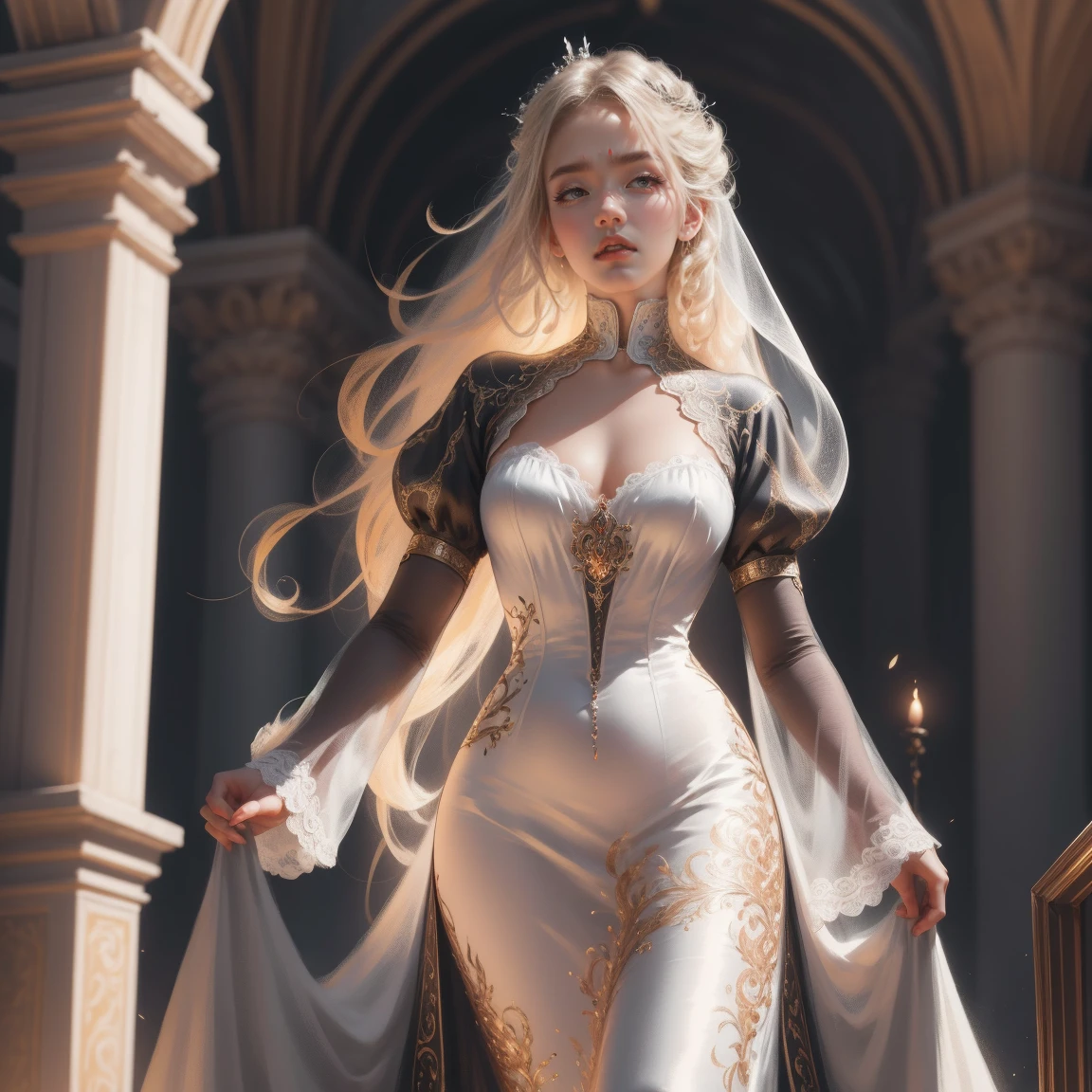 { -  error}(Masterpiece - Ultra-detailed, very high resolution) Prepare to be enchanted by a true masterpiece that combines ultra-detailed art with high-resolution rendering. This work depicts a mesmerizing woman with very long blond hair (1.3) and captivating gray eyes (1.2), emanating an aura of elegance and mystery in Victorian settings. The intricate details and realistic textures invite you to explore every aspect of this enchanting composition. Woman wearing beautiful classic Victorian costume from the year 1878. Red lips. Happy face. Smiling. white (white) dress. Laying on the bed, backwards, looking back, dynamic poses. Get ready to dive into a world where beauty and craftsmanship merge perfectly.