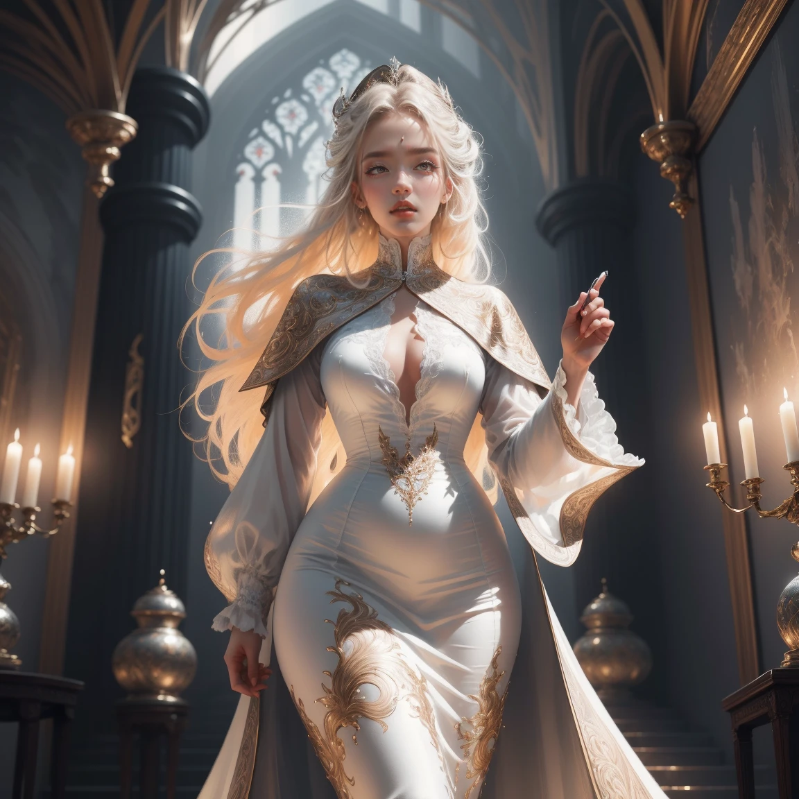 { -  error}(Masterpiece - Ultra-detailed, very high resolution) Prepare to be enchanted by a true masterpiece that combines ultra-detailed art with high-resolution rendering. This work depicts a mesmerizing woman with very long blond hair (1.3) and captivating gray eyes (1.2), emanating an aura of elegance and mystery in Victorian settings. The intricate details and realistic textures invite you to explore every aspect of this enchanting composition. Woman wearing beautiful classic Victorian costume from the year 1878. Red lips. Happy face. Smiling. white (white) dress. Laying on the bed, backwards, looking back, dynamic poses. Get ready to dive into a world where beauty and craftsmanship merge perfectly.