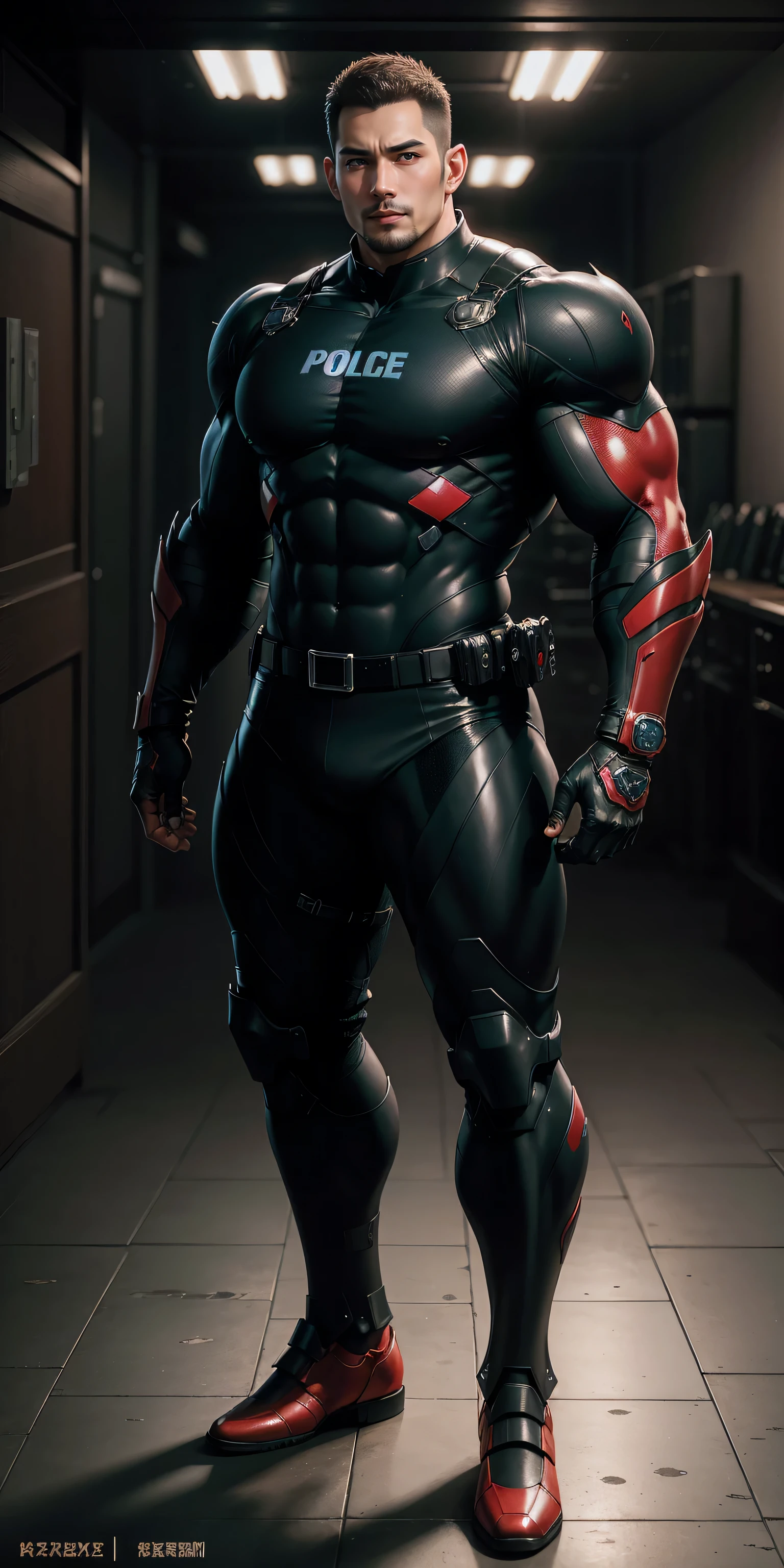 Tall giant muscular police officer,Grid dark red honeycomb network pattern nano mecha,honeycomb pattern,Lightweight texture,character concept(Resident Evil - chris redfield,chris redfield)senior police officer,small grid texture,regular symmetrical texture pattern,sad expression,Deep and charming eyes,Emerald Eyes Hero,heroic male pose,高大burly,muscular!Charming leg muscles,High, burly, Heqiang, Super gain and cool, high resolution committee, Bigfoot dark red ultra-thin nano-mechanical boots,Charming strong man,The bright sunshine is shining on you,matte particles,shiny texture
