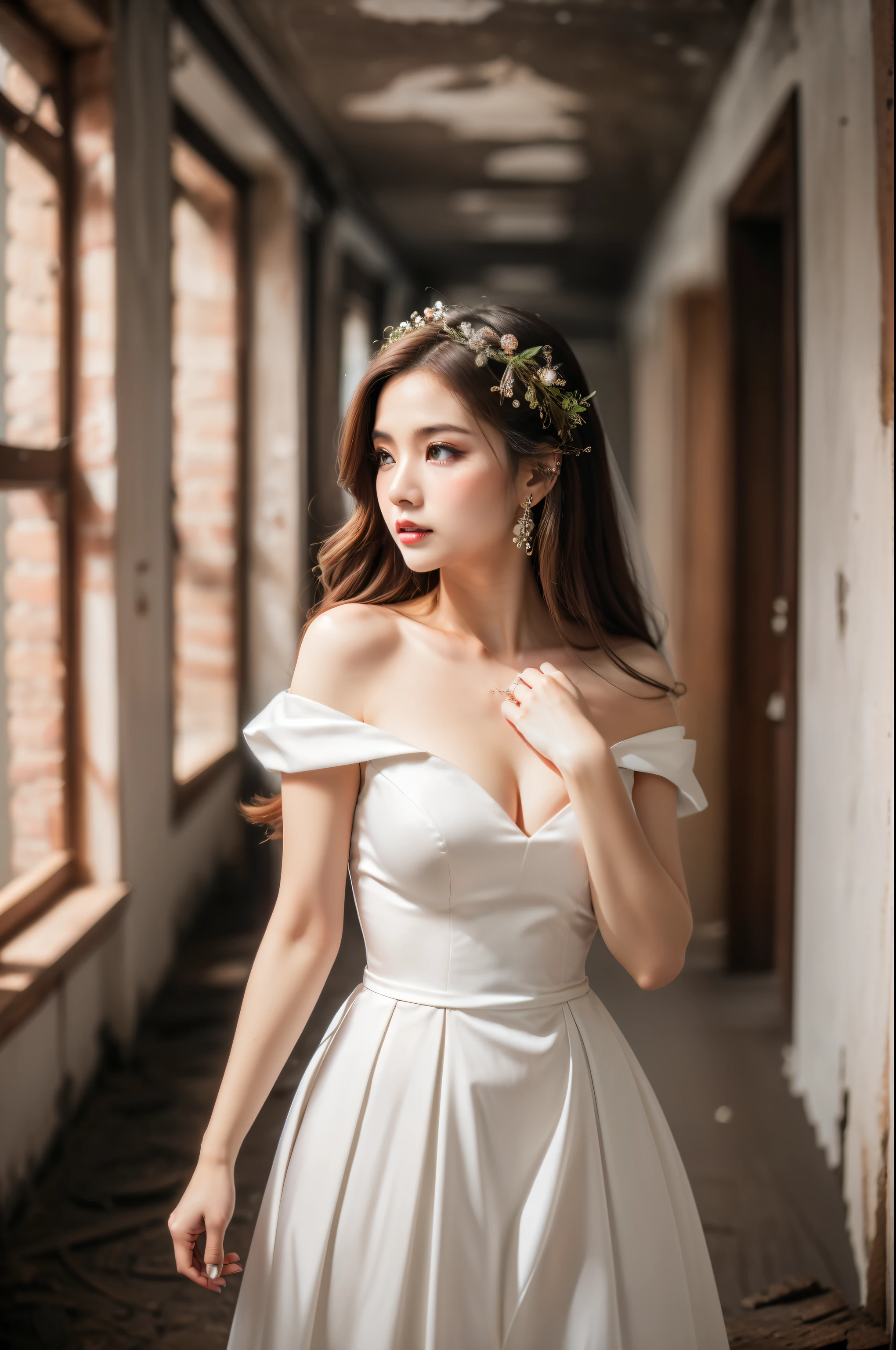 A ghostly bride wandering the halls of a dilapidated mansion, her ethereal form glowing softly in the dark, the intricate details of her Victorian gown and the surroundings hinting at a tragic, romantic backstory.