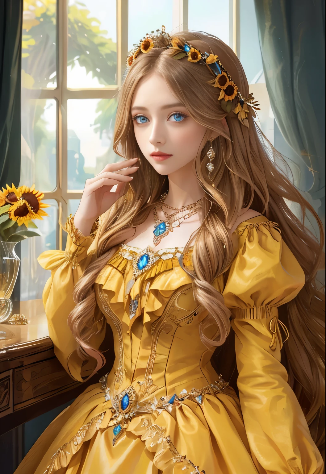 (  absurdly , high quality , Super detailed ) ,( Hand detailed ) , 1 girl, alone, Mature, very long hair, sunflower hair , beautiful crystal eyes ( Eyes detailed ) Baroque, necklace, long skirt, long sleeves, elegant, rich and colorful, most detailed, Upper body , with river and sunflowers