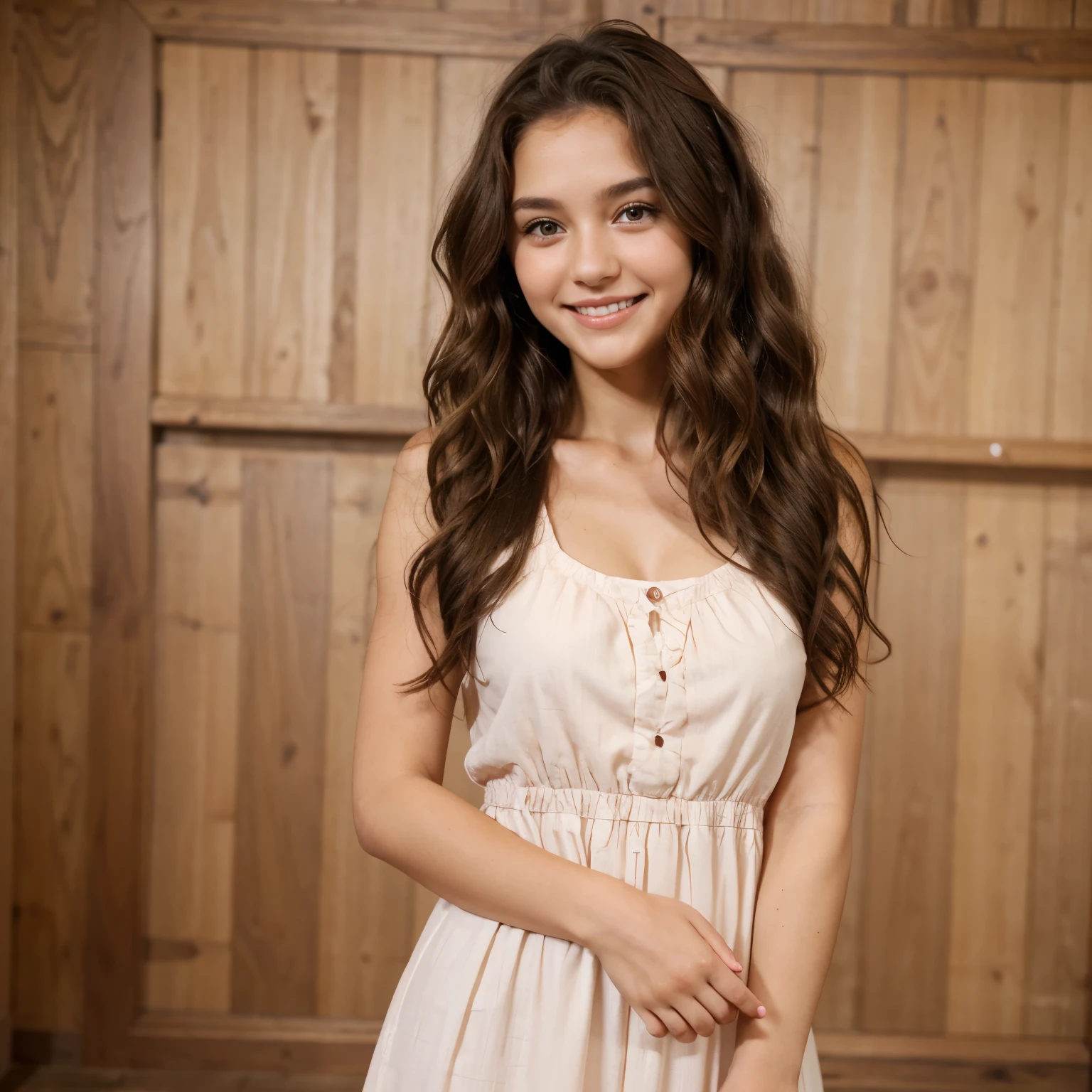 Cute woman, feminine, natural happy smile, blush, wavy hair, natural brown eyes, long dress