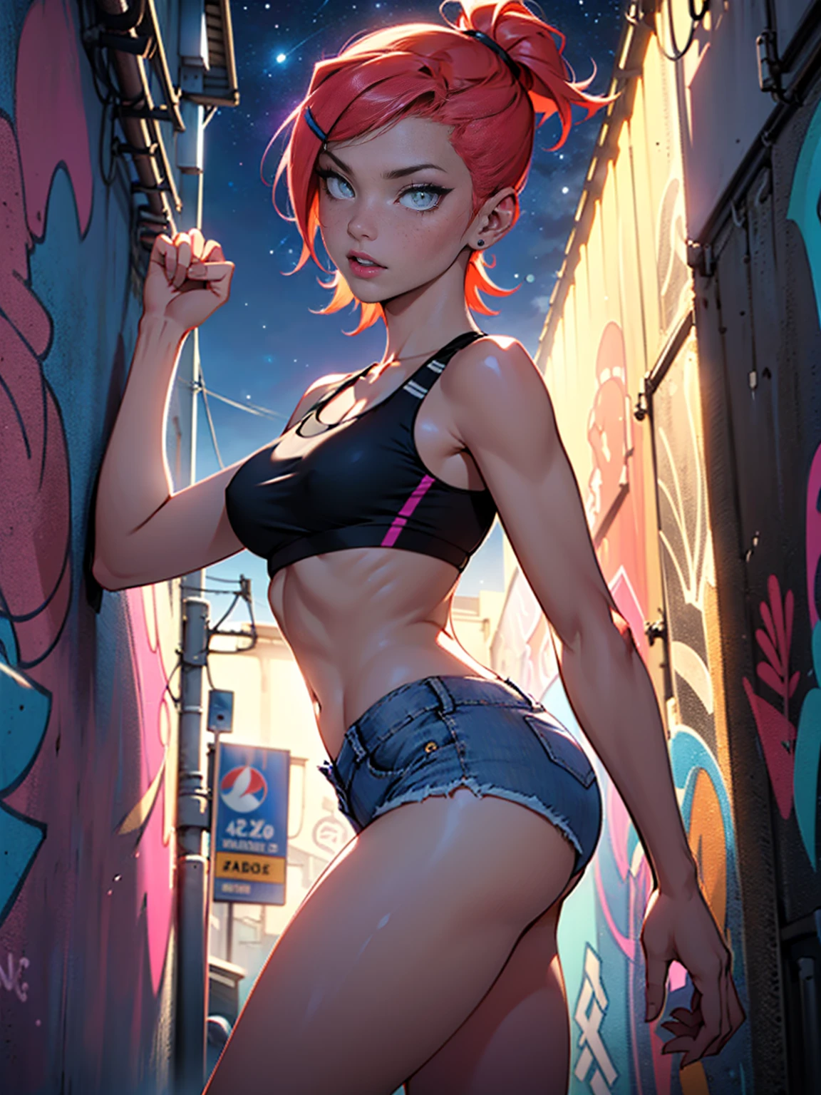 ((gwendolyn_tennyson, shaved side hair, medium breasts, wide hips, malicious)), ((pink lipstick, Extremely detailed, ambient soft lighting, 4k, perfect eyes, a perfect face, perfect lighting, a 1girl)) austere, ((malicious, (sports bra), jeans, short shorts, unbuttoned shorts)), night sky, clouds, , lots of , (graffiti alley, graffiti walls, in an alley, night, moonlight, starry night)