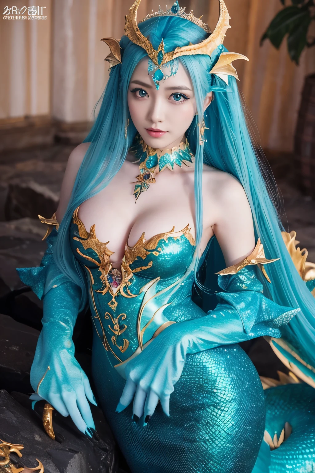 ( absurdly , high quality , Super detailed,See photographer ), Mermaid Queen,Detailed and beautifully colored dragon costume,
