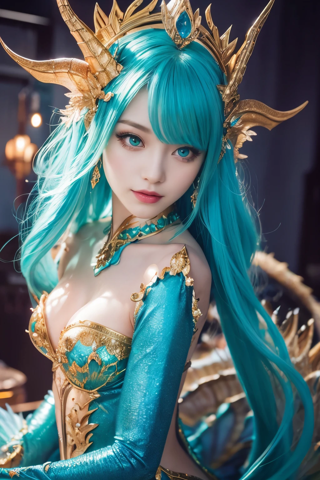 ( absurdly , high quality , Super detailed,See photographer ), Mermaid Queen,Detailed and beautifully colored dragon costume,