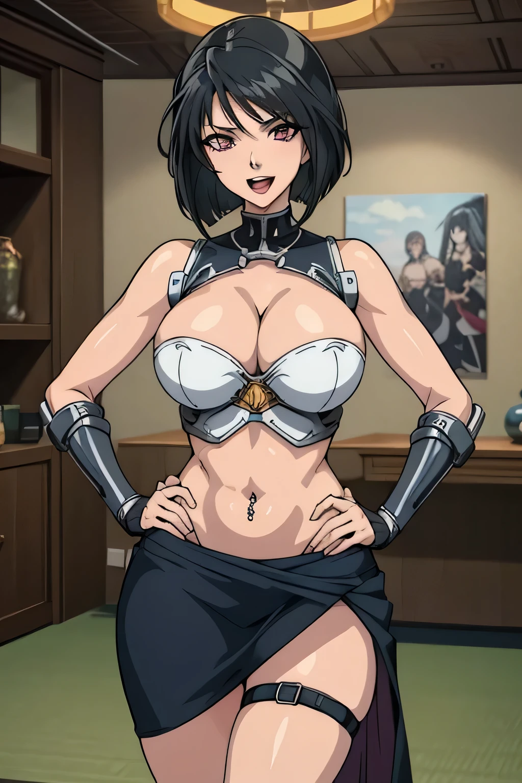 (masterpiece, highres, high quality:1.2), intricate details, cinematic lighting, ambient occlusion,
WakatsukiRisa, 1girl, solo, mature female, standing, hands on hips,
naughty face, smile,
black hair, short hair, makeup, lipstick, eyelashes, purple eyes, detailed eyes, perfect face,
medium breasts, narrow waist, masterpiece, best quality, highly detailed, fantasy , a anime girls in armored dress holding a sword posing for a picture, evil smile, smile, open mouth, breastplate with open cleavage, cleavage, warrior outfit, ecchi anime style, anime girls, ecchi style, (nsfw) not safe for work, ecchi, digital anime art!!, in anime style, official artwork, visual novel cg, beautiful anime girl, anime style 4 k , loincloth, exposed belly, exposed navel, exposed midriff, exposed lower belly, pencil skirt armored, castle,inside castle, navel piercing