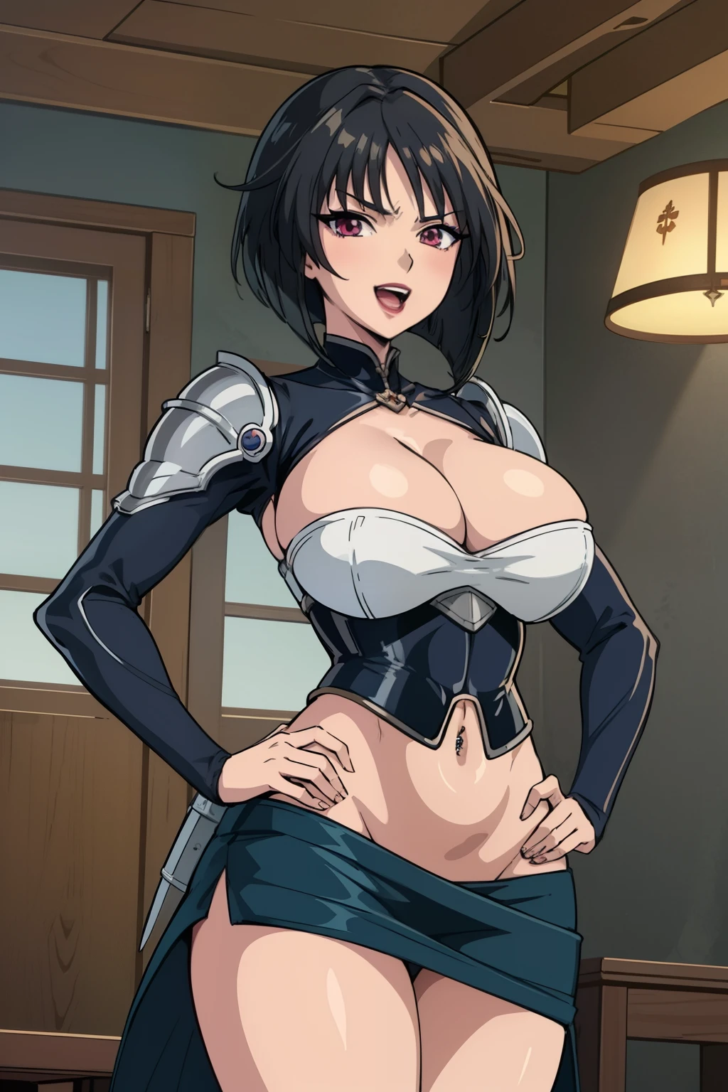 (masterpiece, highres, high quality:1.2), intricate details, cinematic lighting, ambient occlusion,
WakatsukiRisa, 1girl, solo, mature female,  standing, hands on hips, 
naughty face, smile,
black hair, short hair, makeup, lipstick, eyelashes, purple eyes, detailed eyes, perfect face,
medium breasts, narrow waist,  masterpiece, best quality, highly detailed, fantasy , a anime girls in armored dress holding a sword posing for a picture, evil smile, smile, open mouth,   breastplate with open cleavage, cleavage, warrior outfit, ecchi anime style, anime girls, ecchi style,  (nsfw) not safe for work,  ecchi, digital anime art!!, in anime style, official artwork, visual novel cg, beautiful anime girl, anime style 4 k , loincloth, exposed belly, exposed navel, exposed midriff, exposed lower belly, pencil skirt armored, castle,inside castle, navel piercing