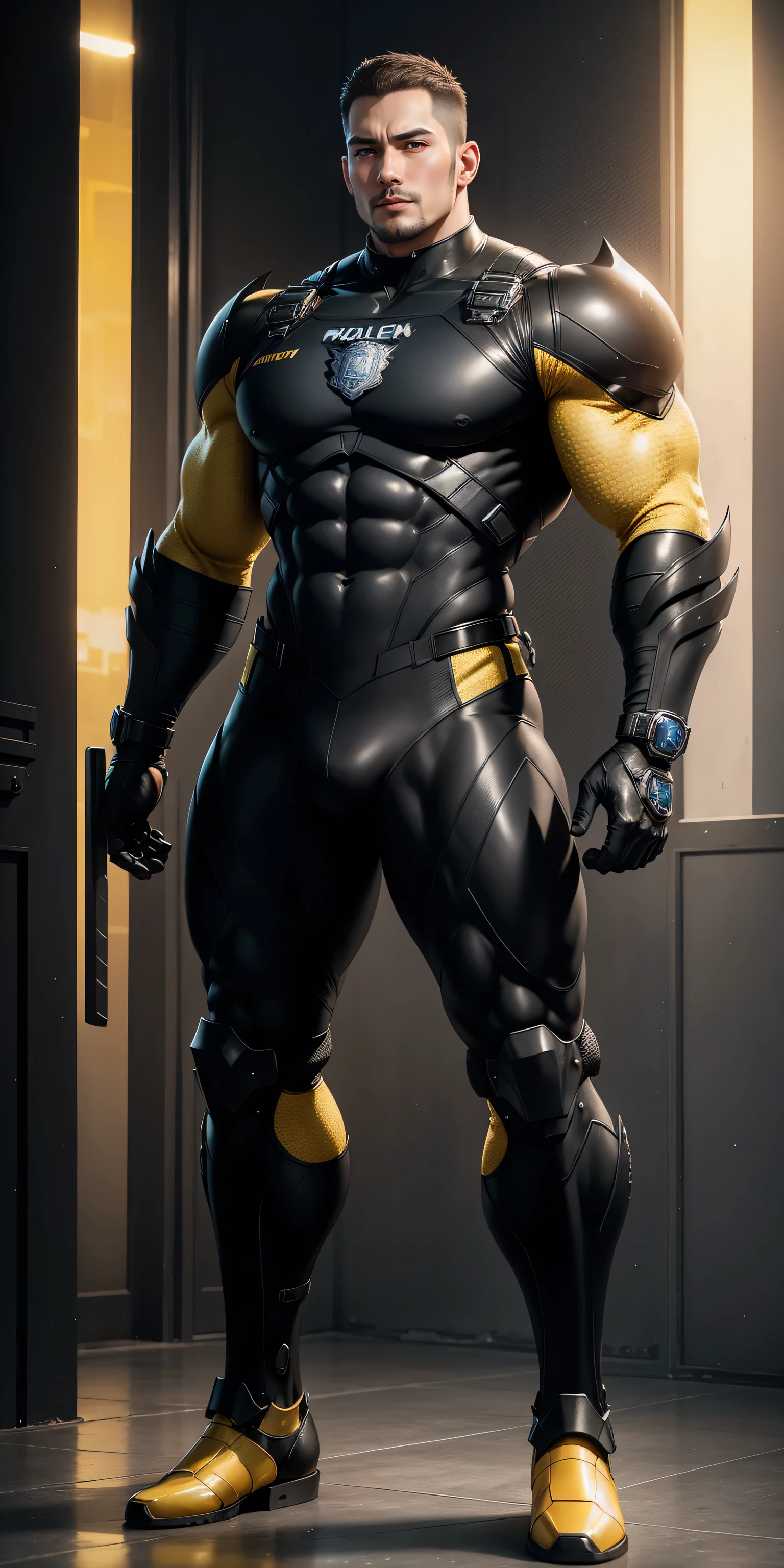 Tall giant muscular police officer，Black and yellow honeycomb network pattern nano mecha，honeycomb pattern，Lightweight texture，character concept（Resident Evil - chris redfield，chris redfield）senior police officer，small grid texture，regular symmetrical texture pattern，sad expression，Deep and charming eyes，emerald eyed hero，Valiant male pose，高大burly，muscular！Charming leg muscles，High, burly, Heqiang，  Super gain and cool， high resolution committee， Bigfoot black and yellow ultra-thin nano-mechanical boots，Charming strong man，The bright sunshine is shining on you，matte particles，shiny texture