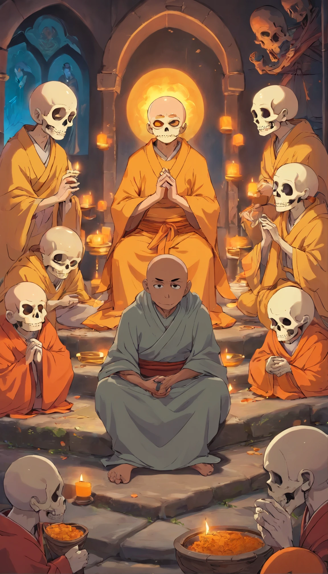 Monjes siendo atacados por muertos vivientes, The monks are seated, los muertos vivientes matan a los monjes, los muertos les quitan el alma a los monjes
